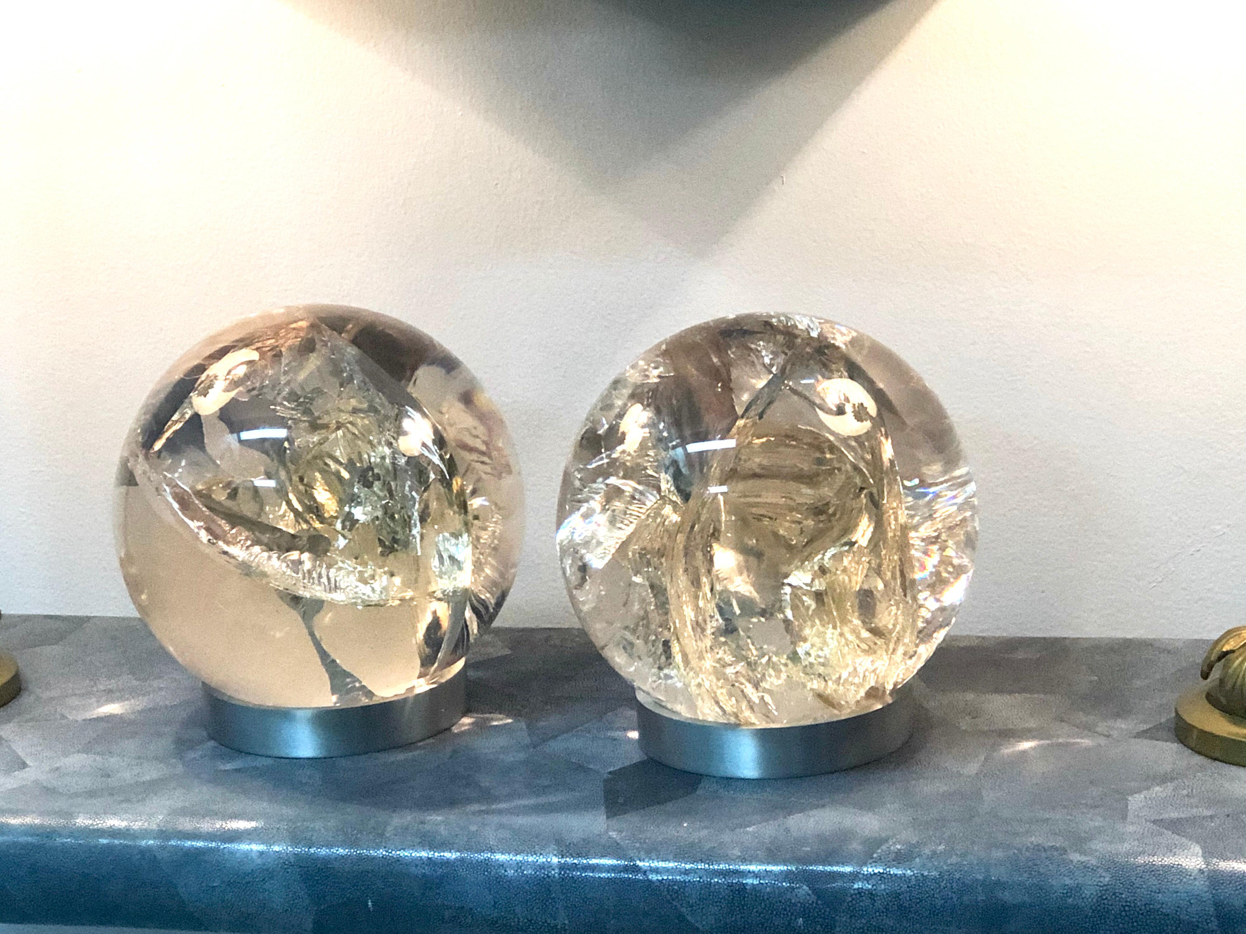 Pair of Fractal Resin Orbs Spheres on Brushed Metal Bases, 1970s 1