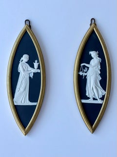 Pair Framed 18th Century Wedgwood Black Jasper Dip Marquise Shape Medallions