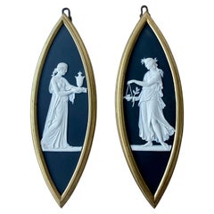 Pair Framed 18th Century Wedgwood Black Jasper Dip Marquise Shape Medallions
