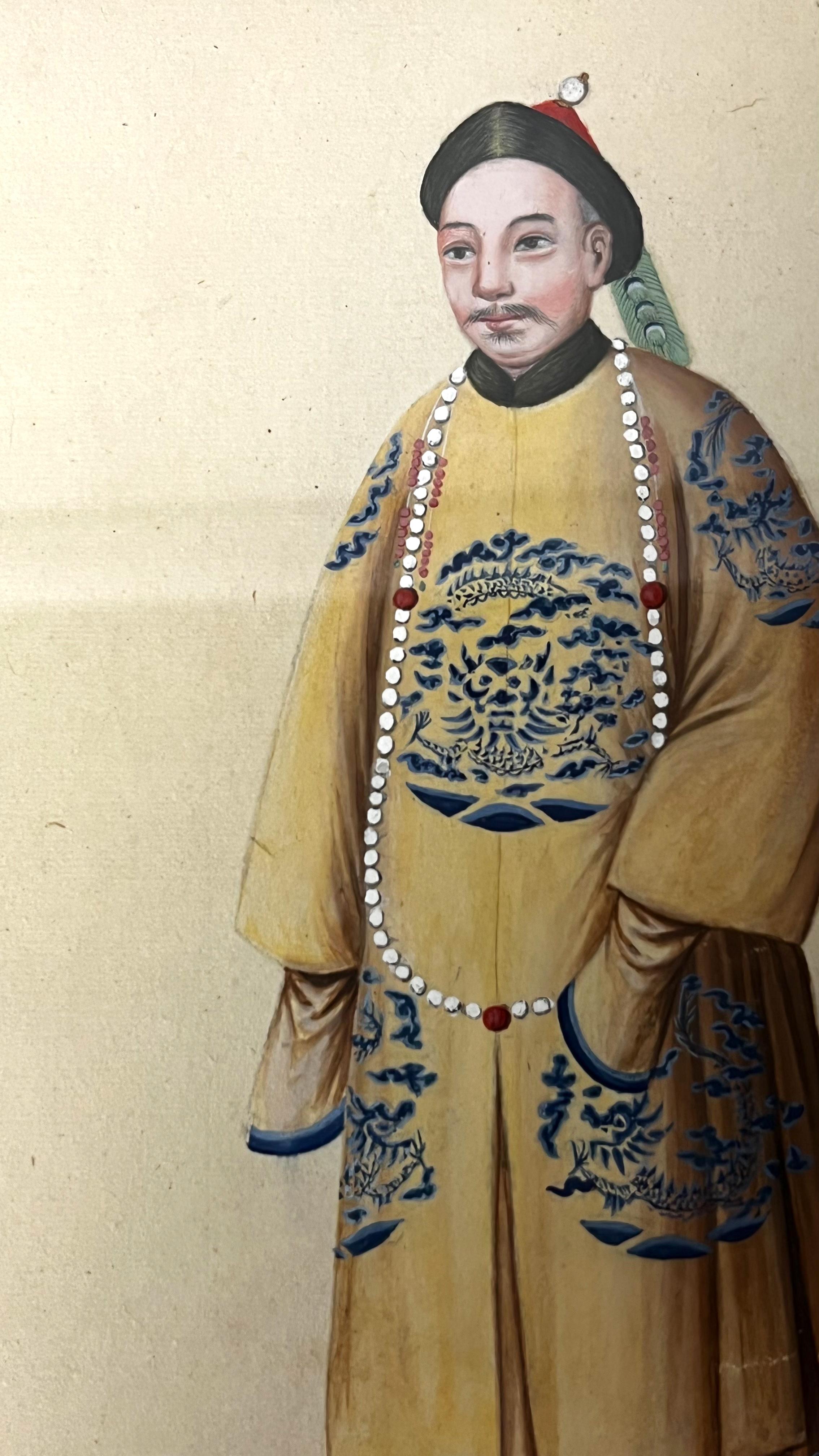 Pair Framed 19th Century Chinese School Portrait Paintings Court Figures In Good Condition For Sale In London, GB