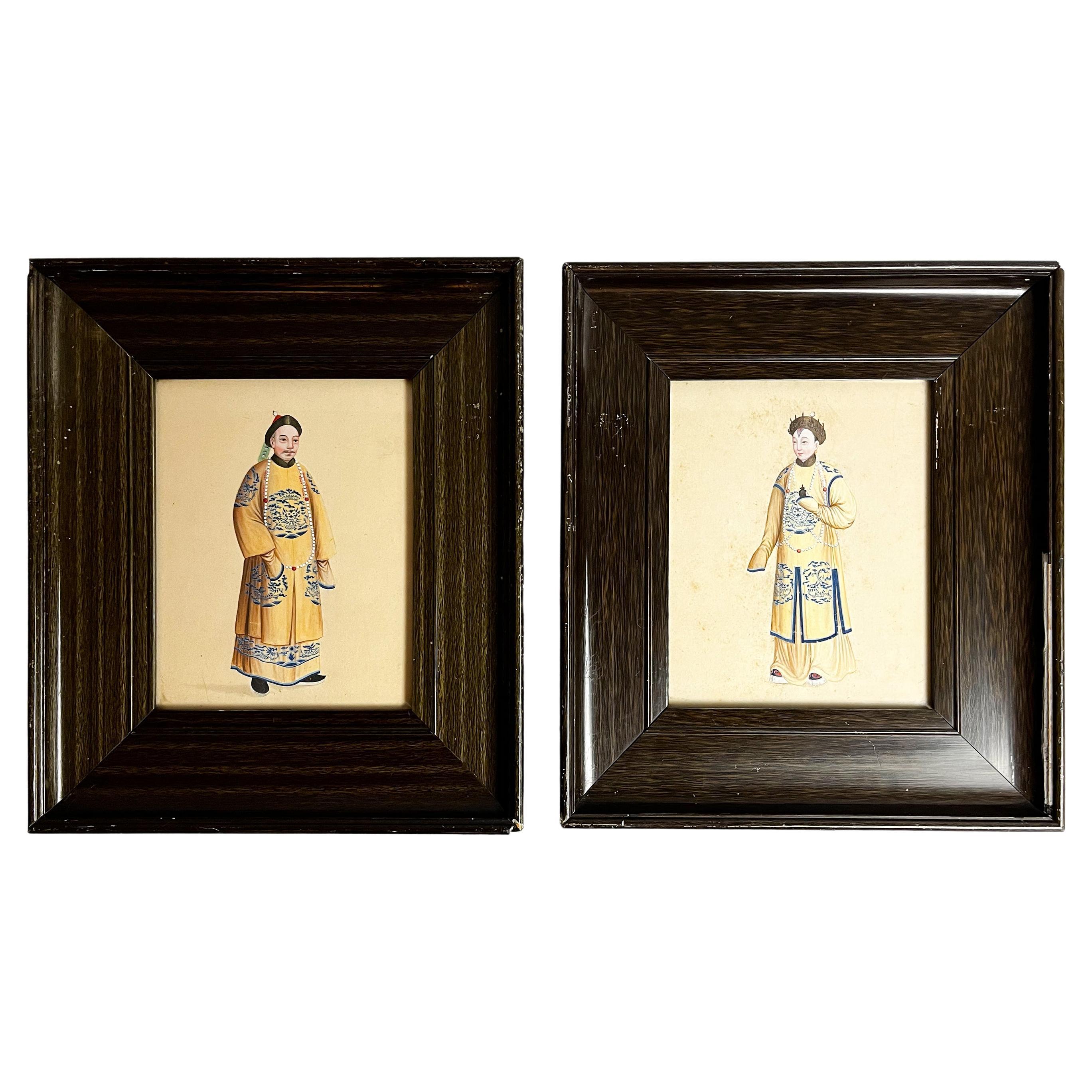 Pair Framed 19th Century Chinese School Portrait Paintings Court Figures For Sale