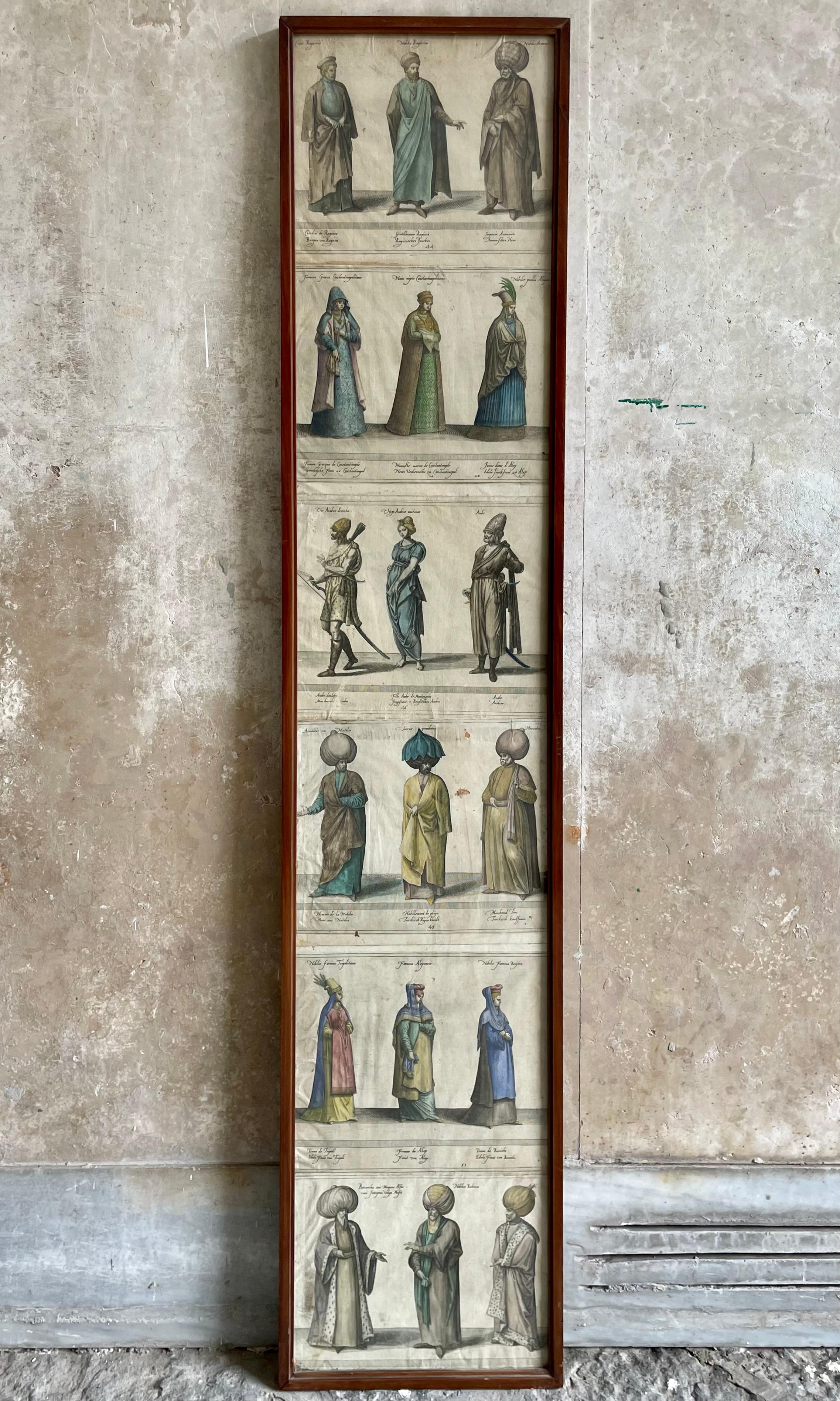 Coppia di incisioni antiche incorniciate di personaggi ottomani. Set di 12 incisioni antiche colorate a mano che ritraggono 36 diversi personaggi di origine ottomana e orientale spettacolarmente abbigliati con abiti e copricapi caratteristici. Un