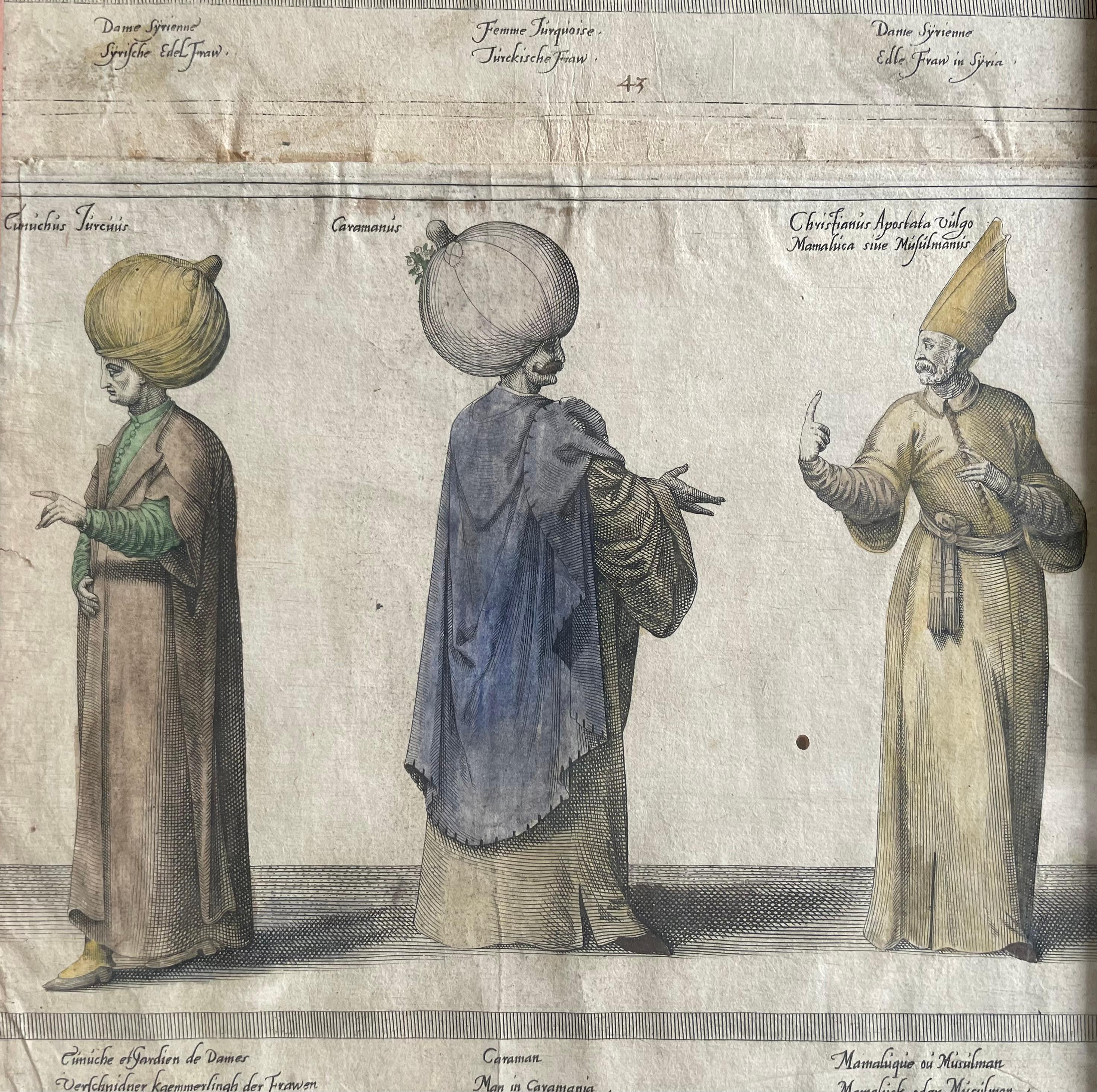 Carta Coppia di incisioni antiche incorniciate di personaggi ottomani in vendita