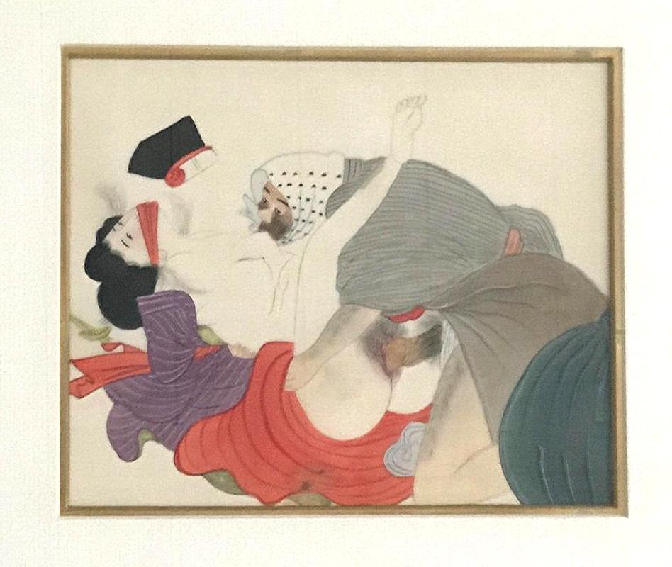 A wonderful pair Shunga painting (the Japanese erotic painting) from the Meiji period, circa late 19th century. The hand painted scenes of domestic sexual pleasure on silk were framed in beautiful wood frames with pure gold leaf