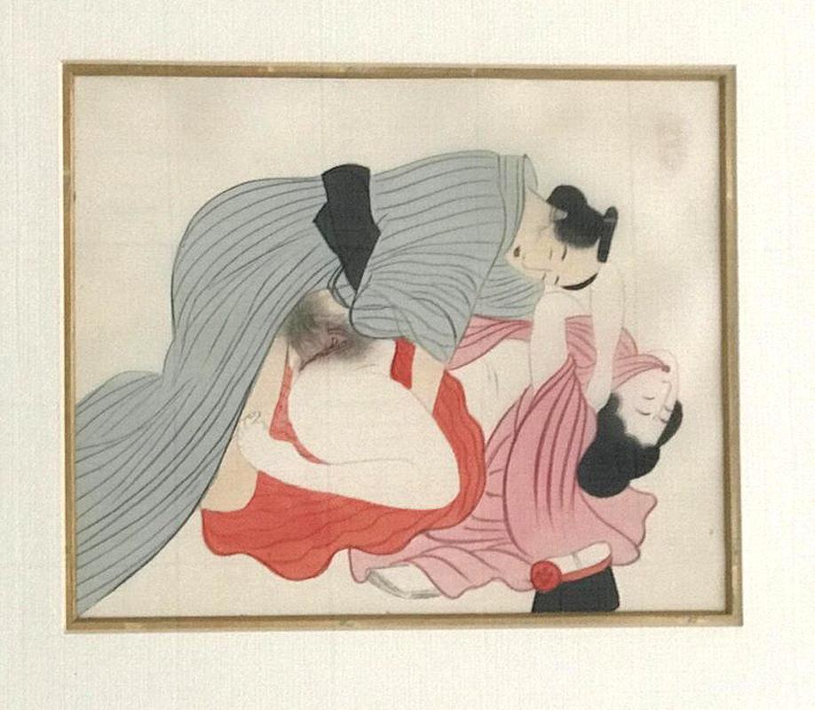 Japonisme Pair Framed Antique Japanese Shunga Paintings on Silk