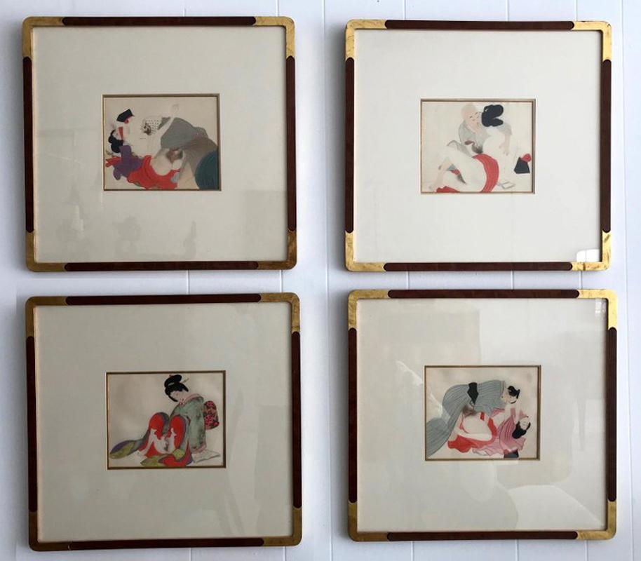 Hand-Painted Pair Framed Antique Japanese Shunga Paintings on Silk
