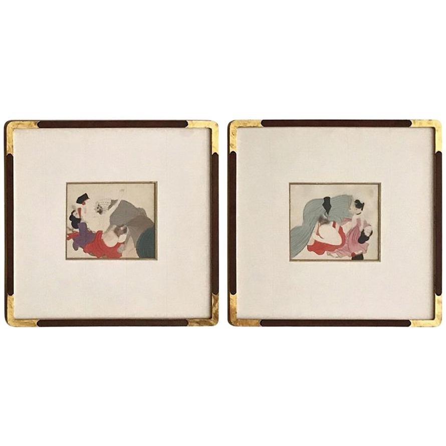 Pair Framed Antique Japanese Shunga Paintings on Silk