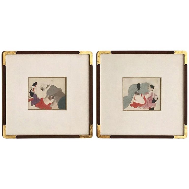 Pair Framed Antique Japanese Shunga Paintings on Silk at 1stDibs