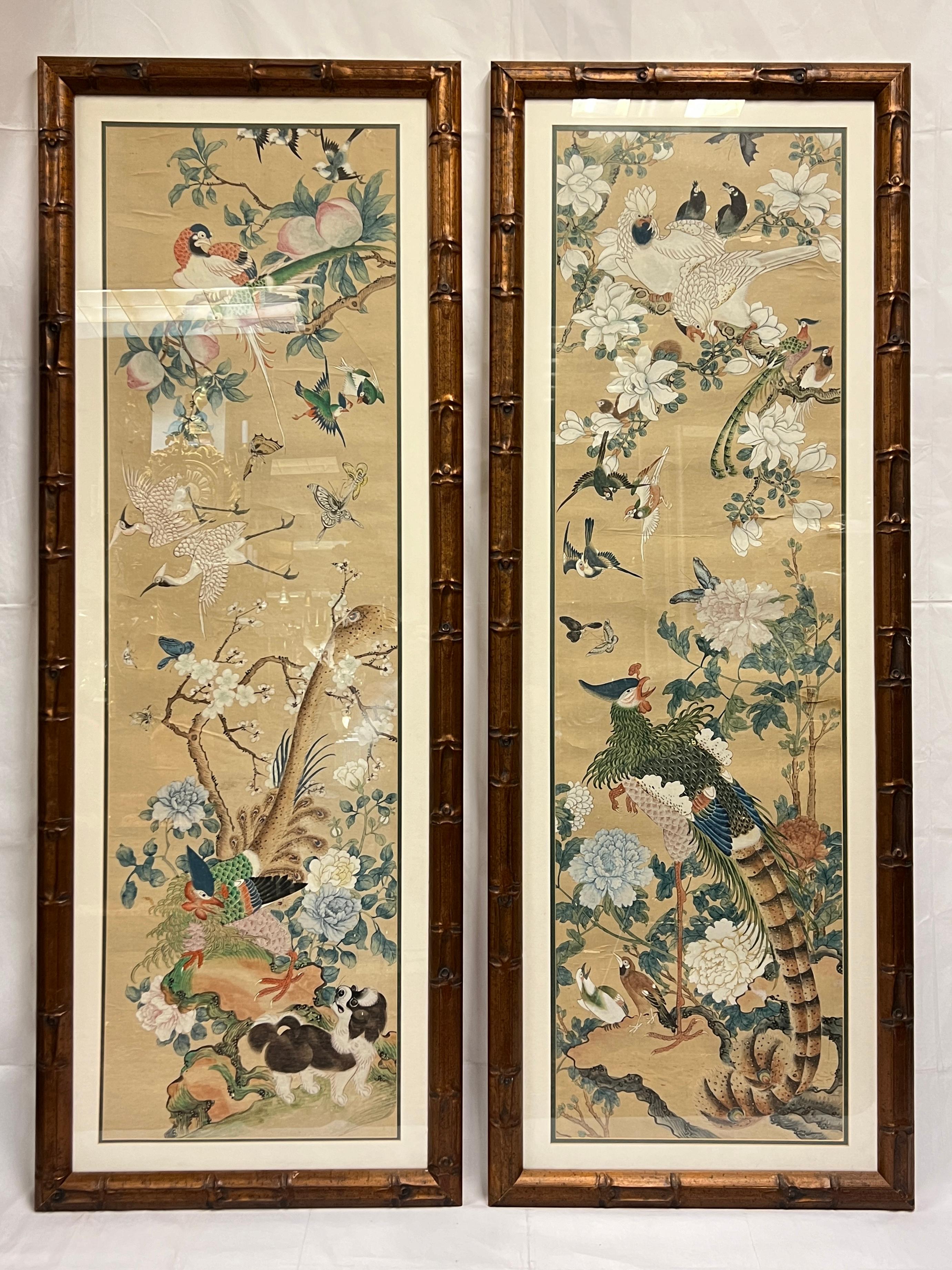 Our pair of antique Chinese watercolor paintings on paper scrolls depicting exotic birds, butterflies and dog date from the late 19th to early 20th century are relined on linen, and professionally matted and mounted in glazed wooden frames with