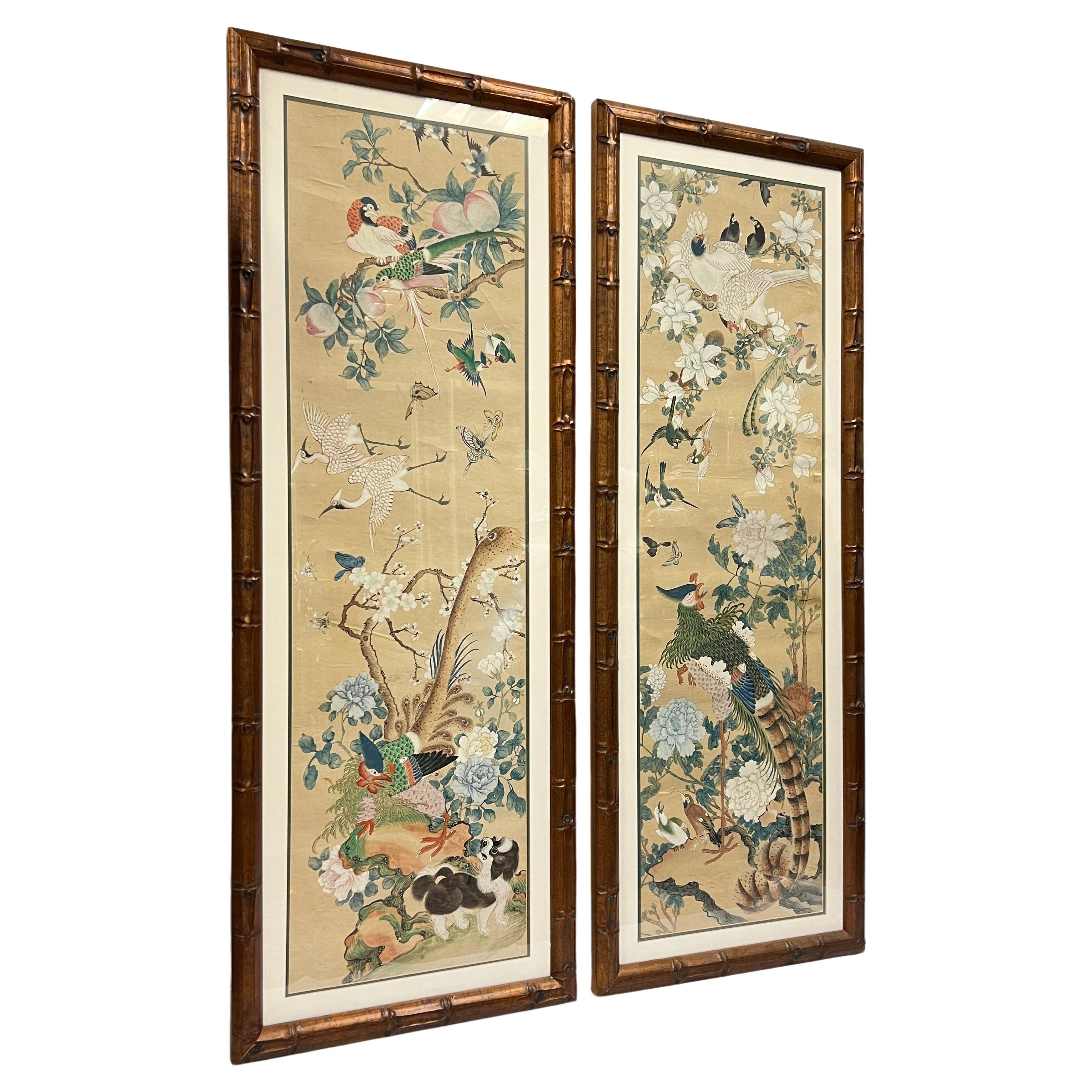 Pair Framed Chinese Watercolor Scrolls For Sale
