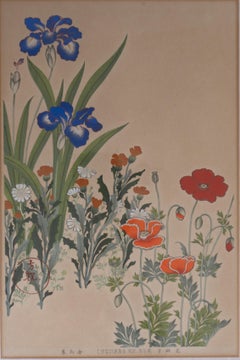 Pair Framed Japanese Art Deco Botanical Woodblock Prints C.1930