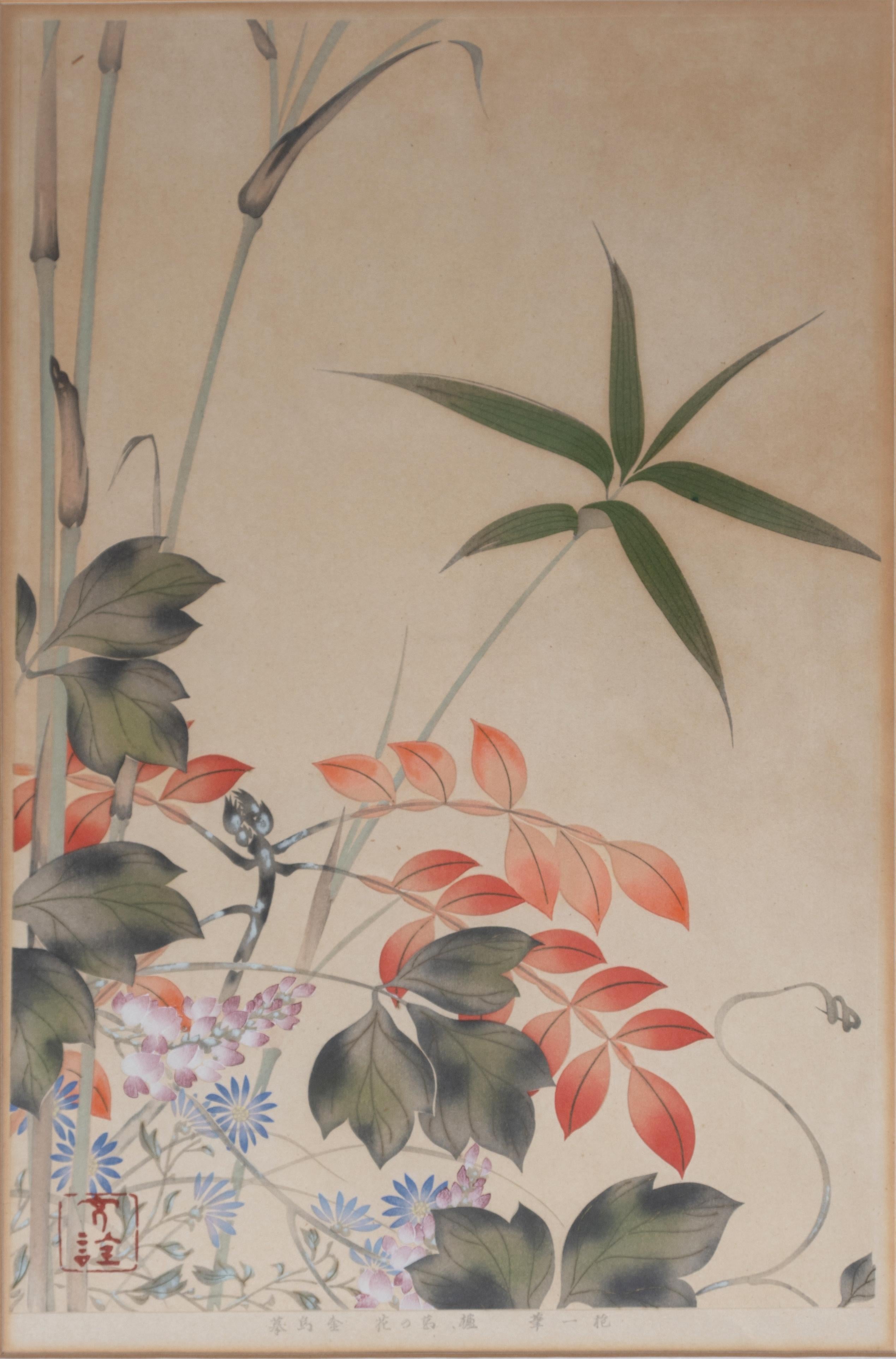 Pareja de xilografías botánicas japonesas art déco enmarcadas C.1930 Showa en venta