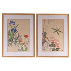 Antique Pair Framed Japanese Art Deco Botanical Woodblock Prints C.1930