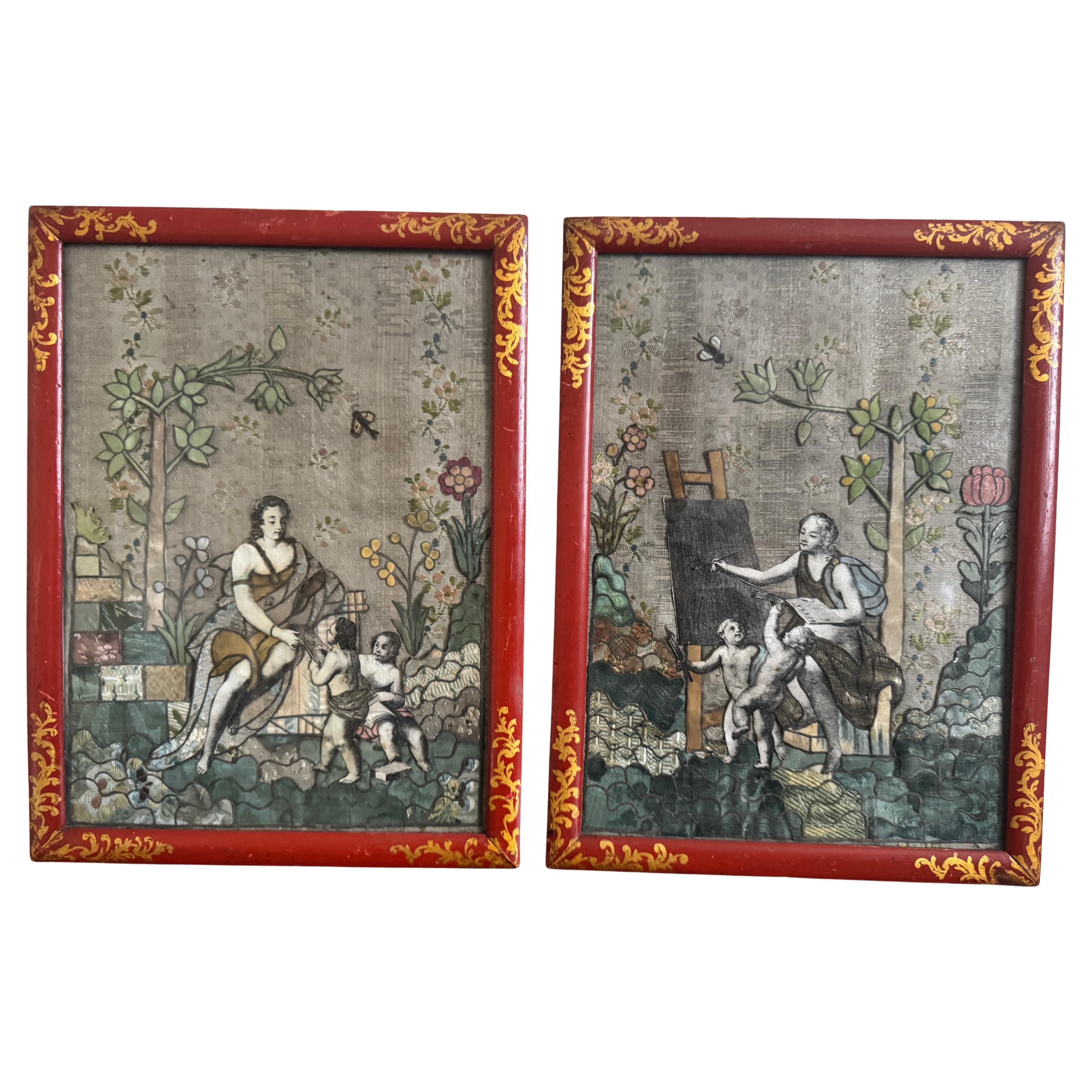 Paire de travaux d
aiguille en soie encadrés