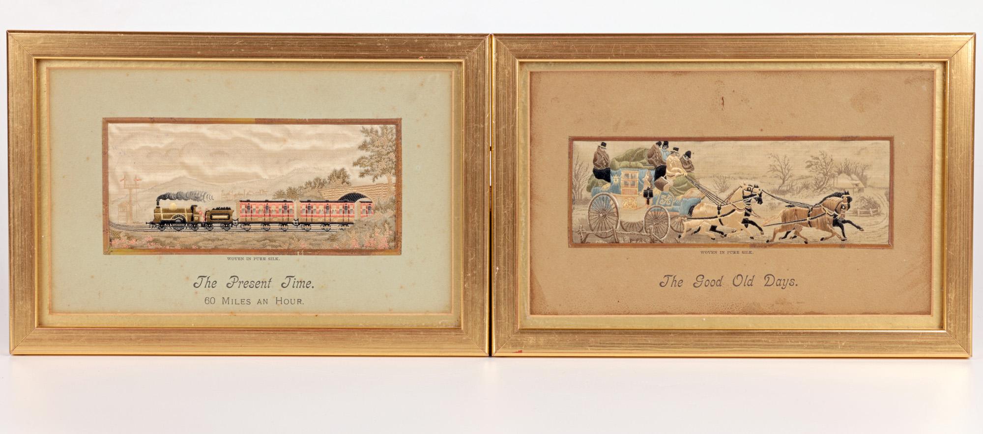 Pair Framed Silk Stevengraphs The Present Time & The Good Old Days For Sale 3