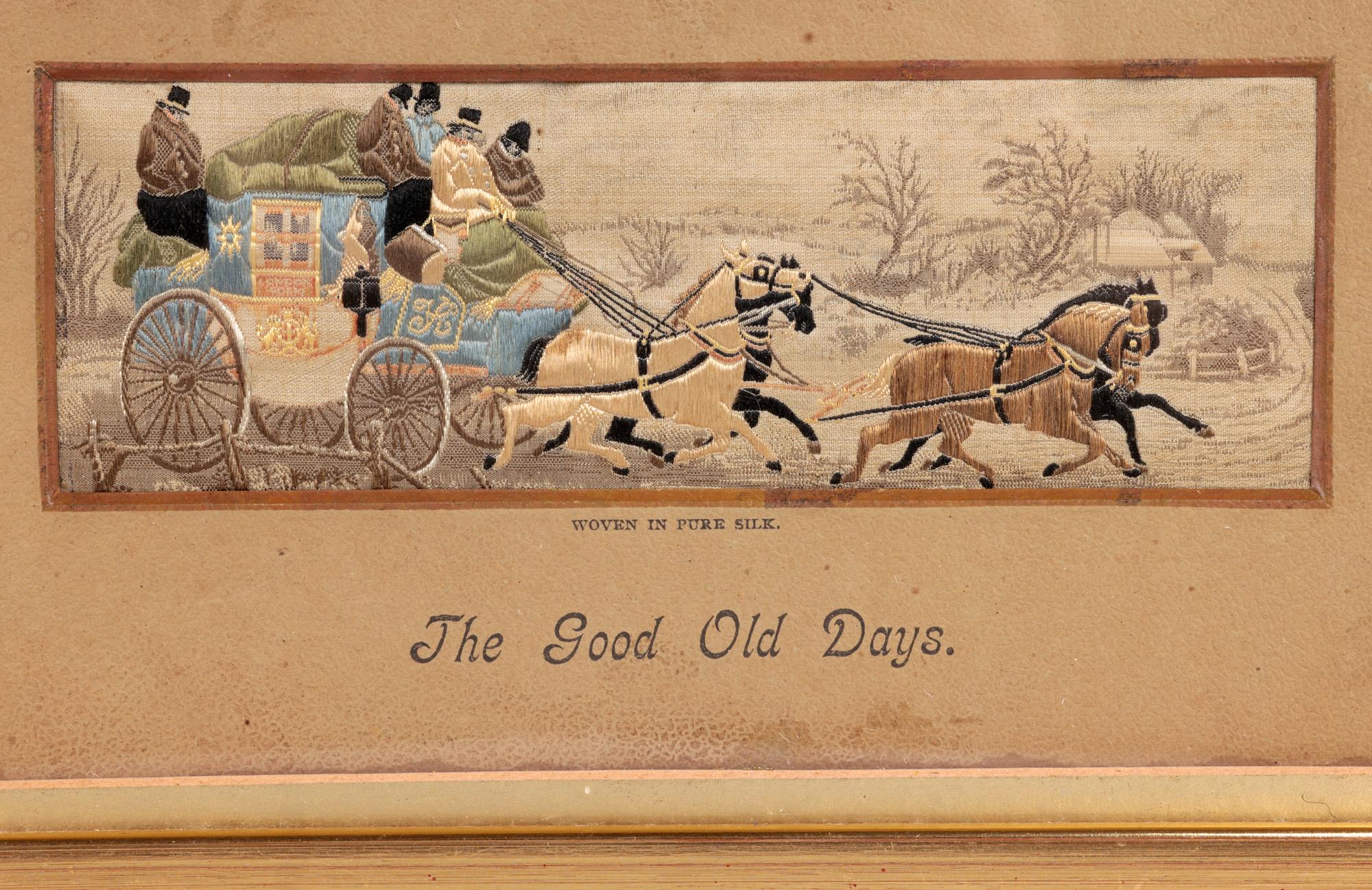 A fine pair framed silk Stevengraphs, one titled The Present Time and the other The Good Old Days, by  Thomas Stevens and dating from 1875. The rectangular silk sewn panels portray two forms on transport, a horse drawn stagecoach (The Good Old Days)