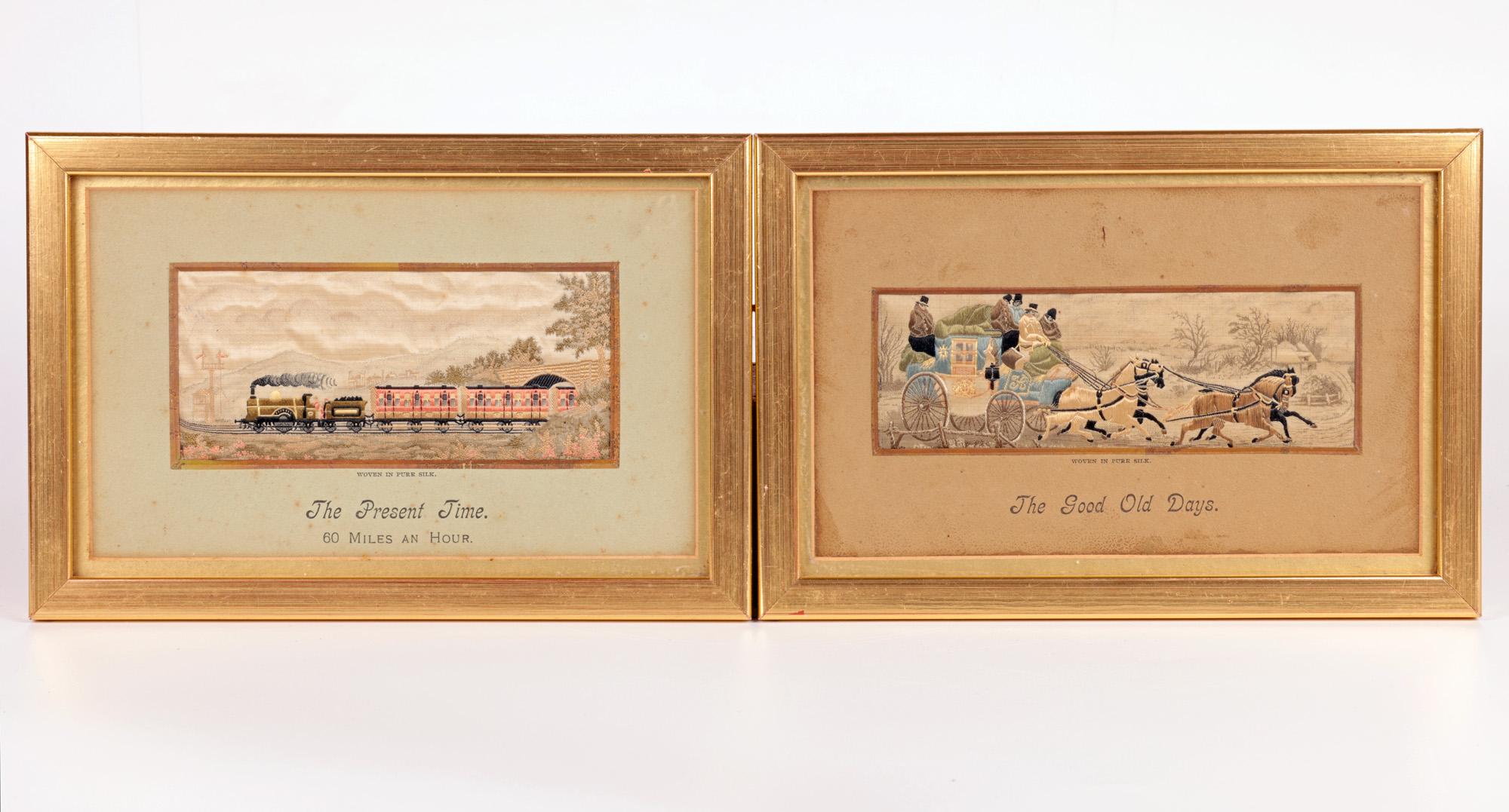 Hand-Crafted Pair Framed Silk Stevengraphs The Present Time & The Good Old Days For Sale