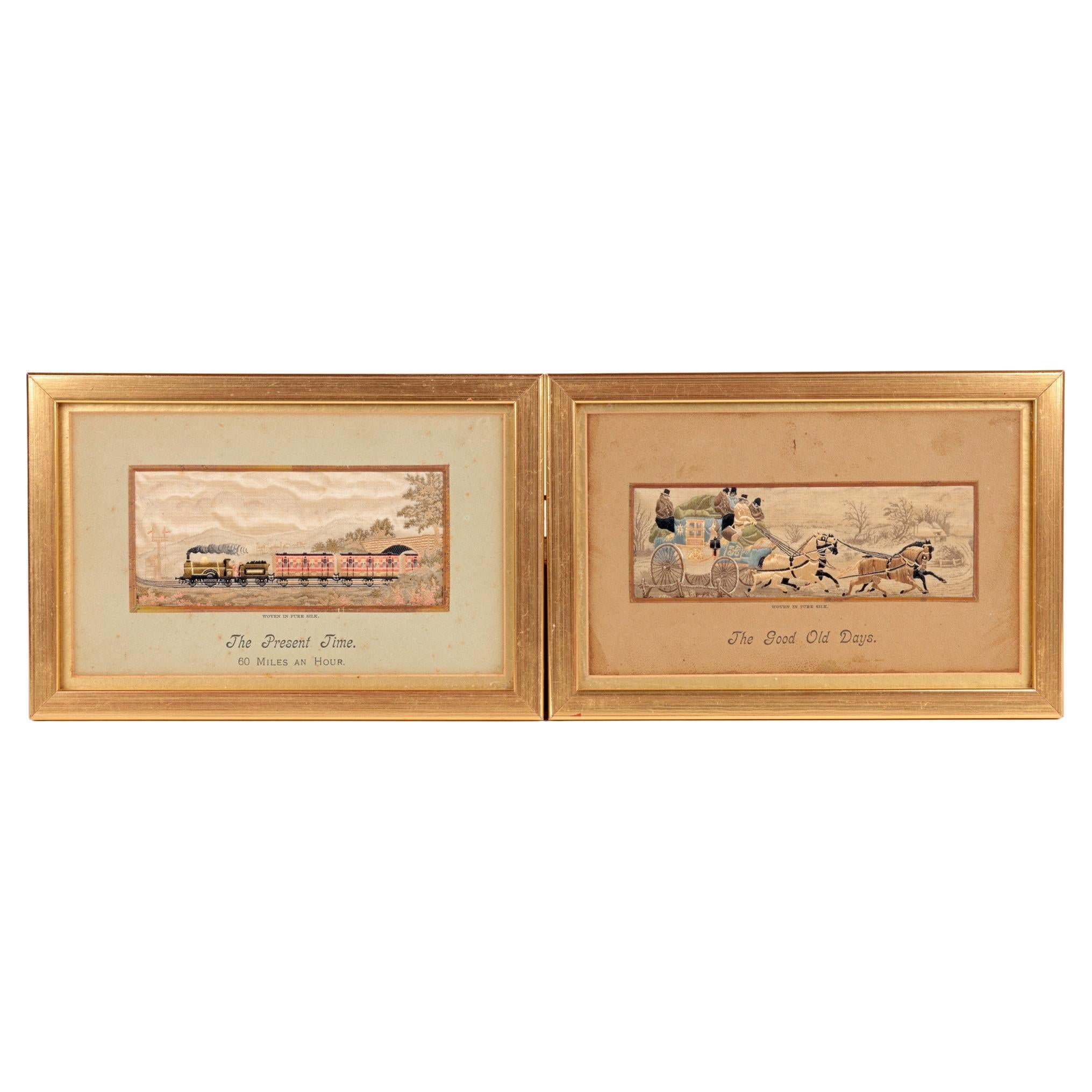 Pair Framed Silk Stevengraphs The Present Time & The Good Old Days For Sale