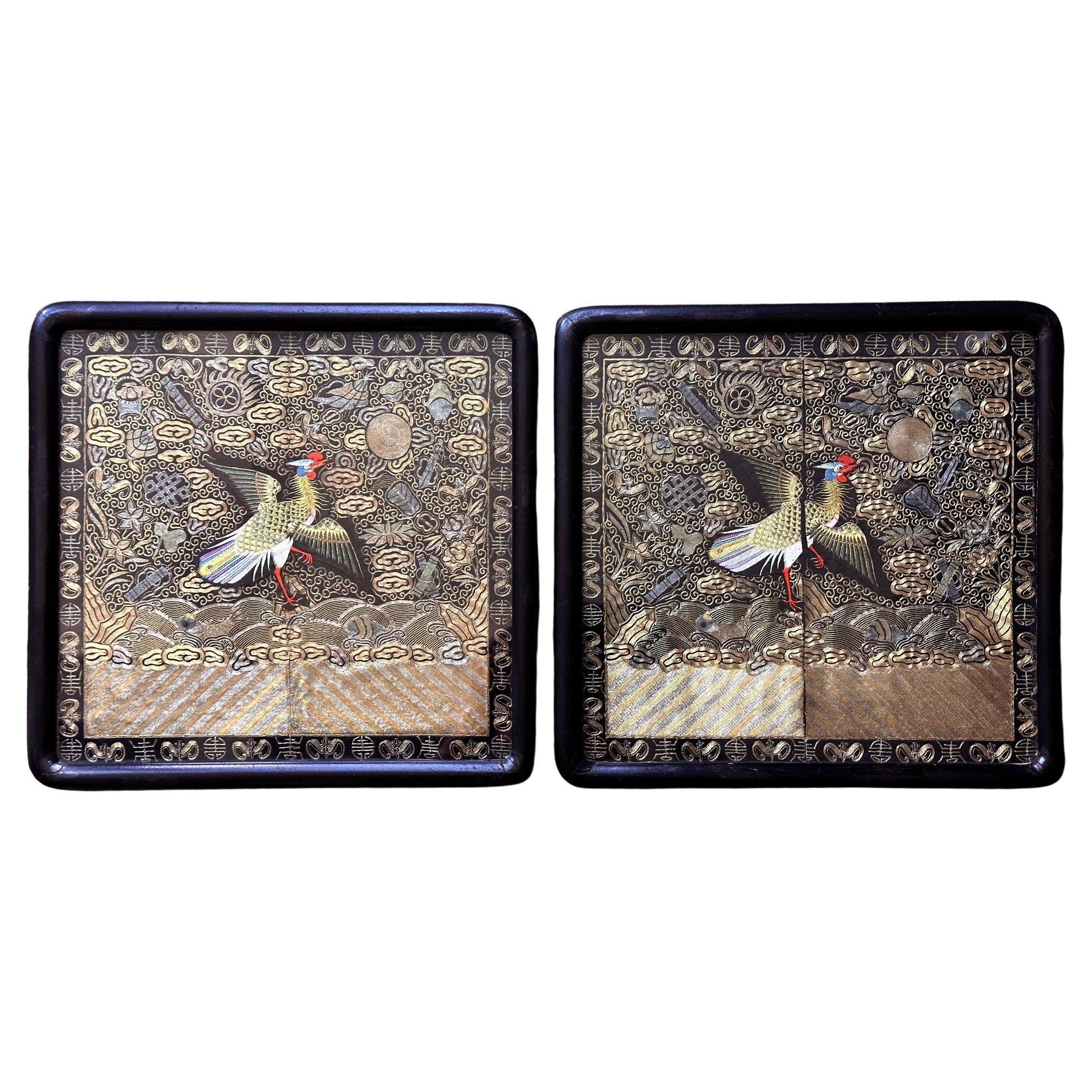 Pair Framed Superb Chinese Qing Dynasty Embroidered Peacock Third Rank Badge