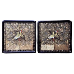 Pair Framed Superb Chinese Qing Dynasty Embroidered Peacock Third Rank Badge