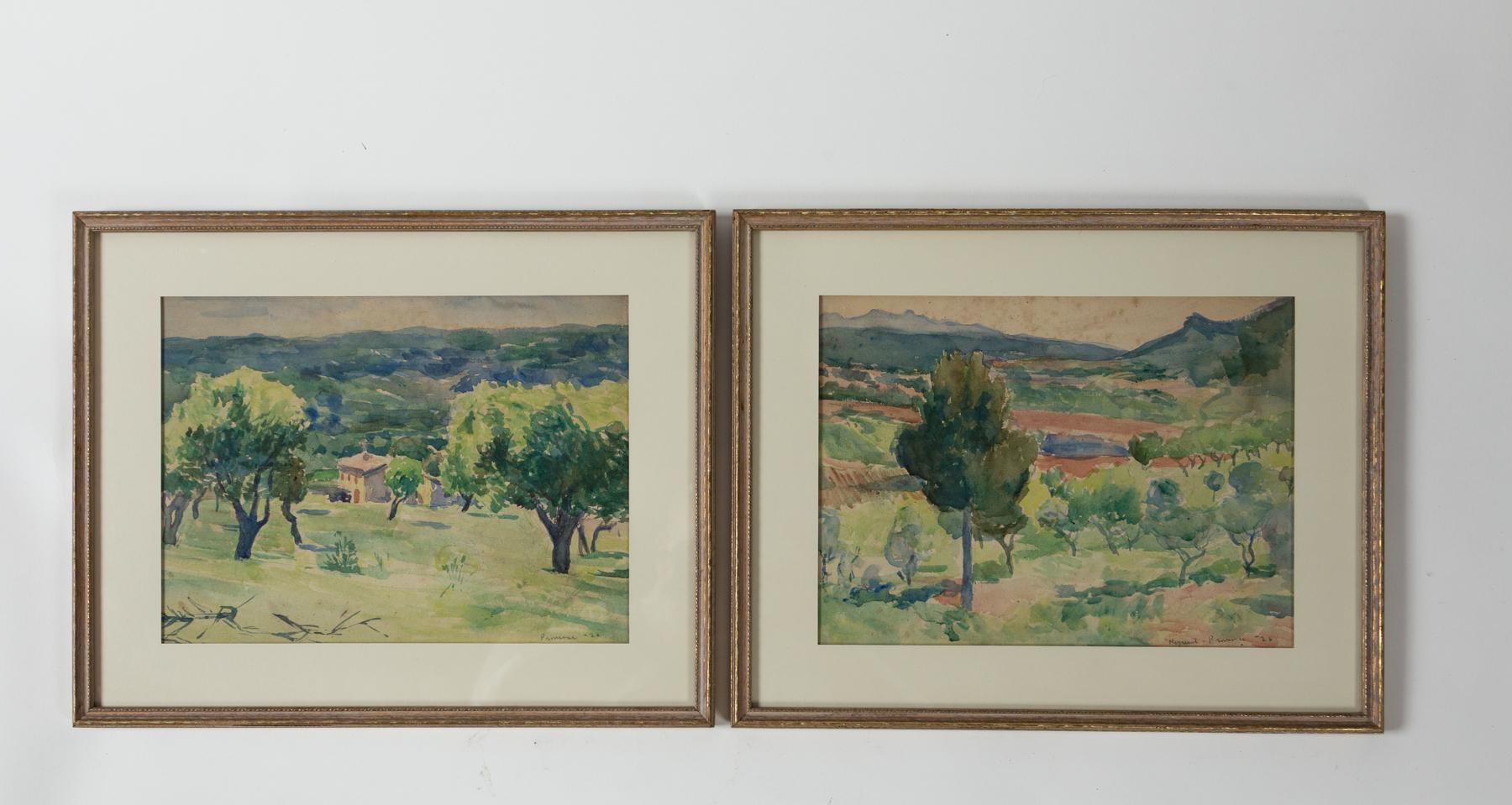 Pareja de cuadros enmarcados de paisajes en acuarela, Provenza, Francia, 1926. Encantadoras pinturas 