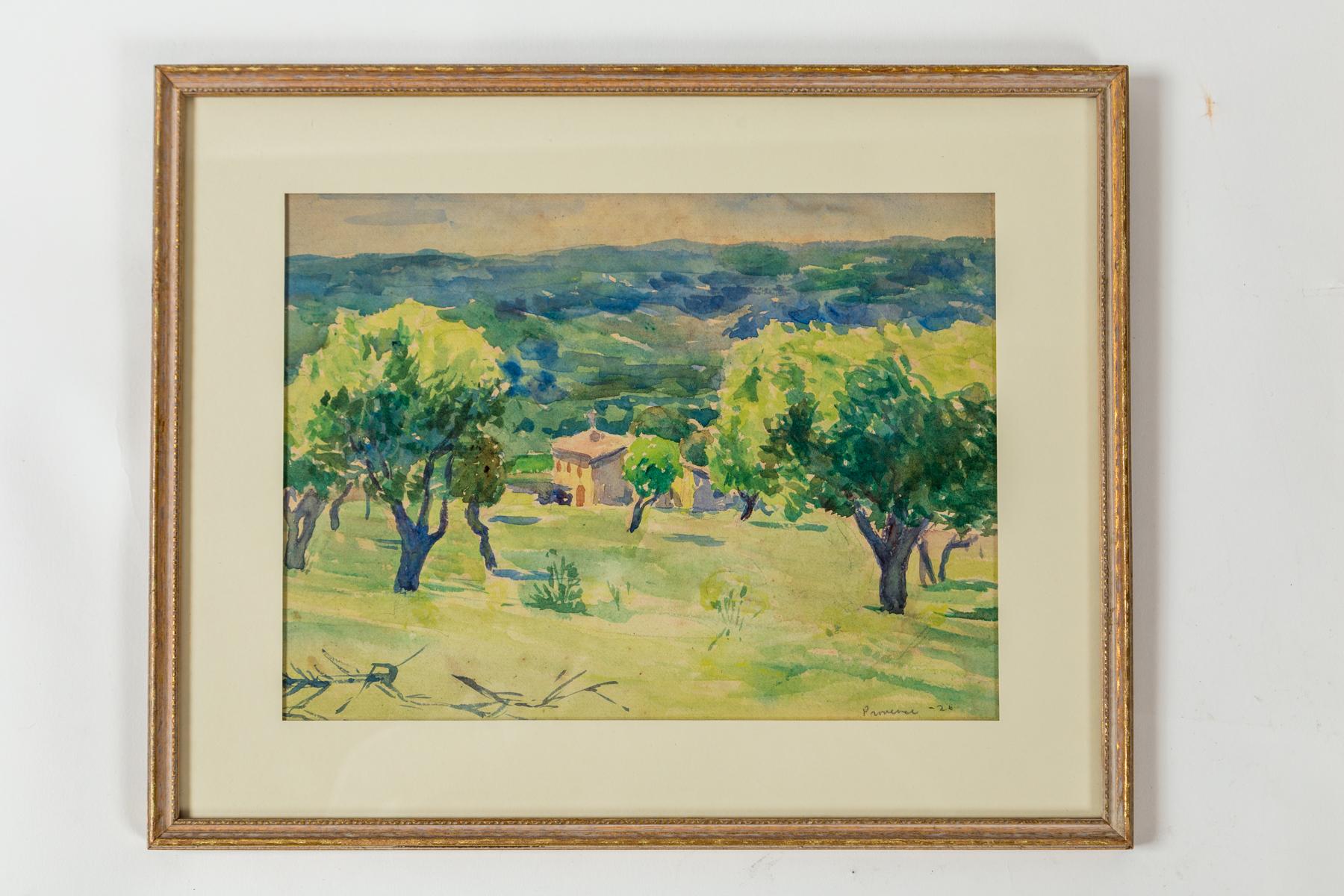 Pareja de cuadros enmarcados de paisajes en acuarela, Provenza, Francia, años 20 Provincial francés en venta