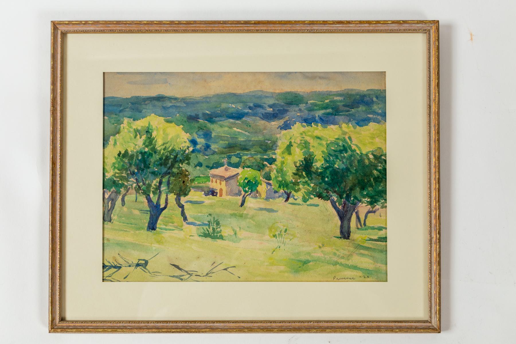 Pareja de cuadros enmarcados de paisajes en acuarela, Provenza, Francia, años 20 Francés en venta