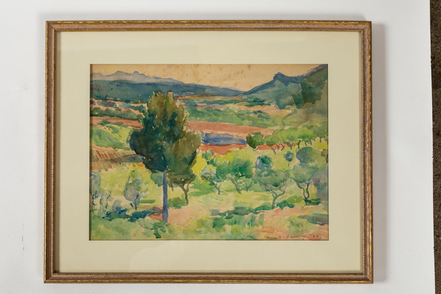 Pareja de cuadros enmarcados de paisajes en acuarela, Provenza, Francia, años 20 Pintado en venta