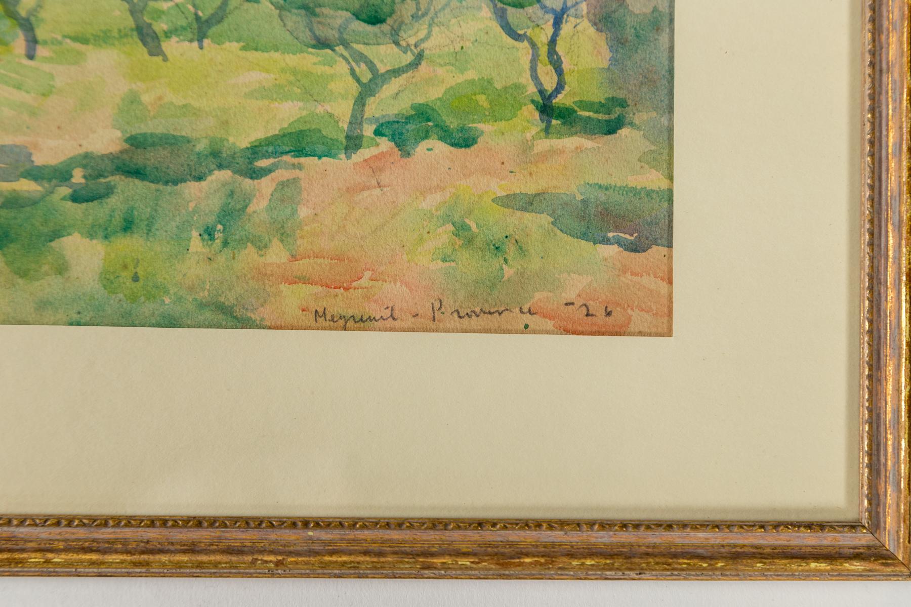 Pareja de cuadros enmarcados de paisajes en acuarela, Provenza, Francia, años 20 en Bueno estado para la venta en Chappaqua, NY