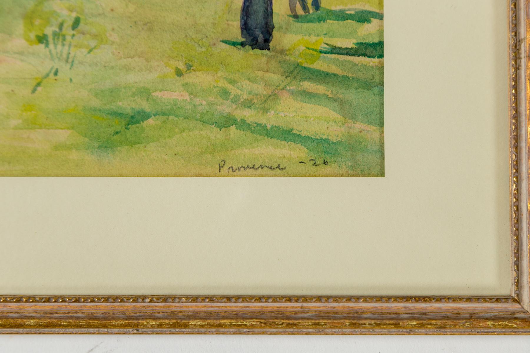 Pareja de cuadros enmarcados de paisajes en acuarela, Provenza, Francia, años 20 principios del siglo XX en venta