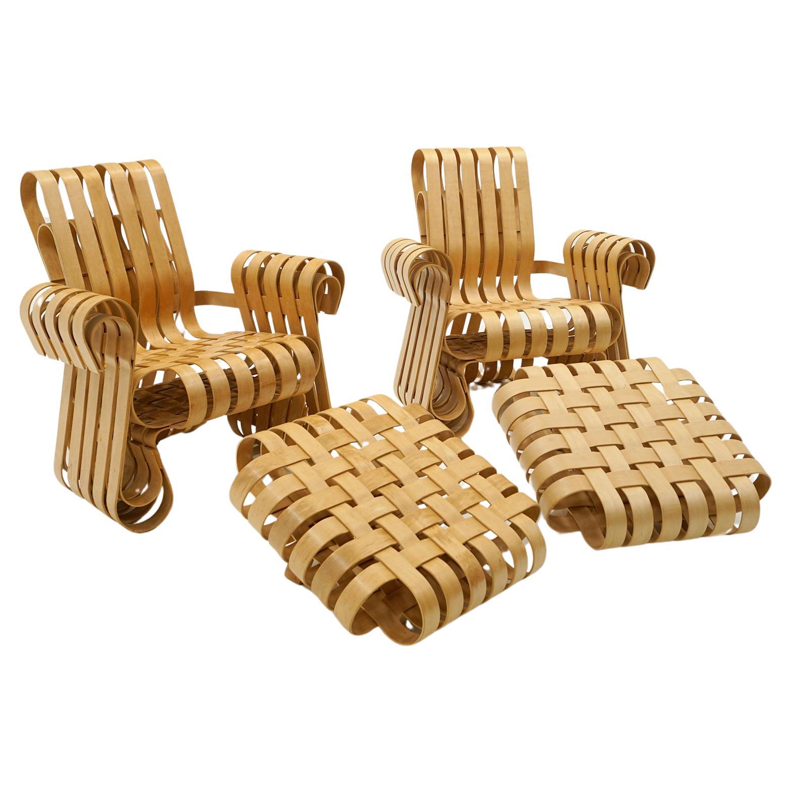 Pair Frank Gehry Power Play Chairs & Ottomans for Knoll, Signed, Great Condition