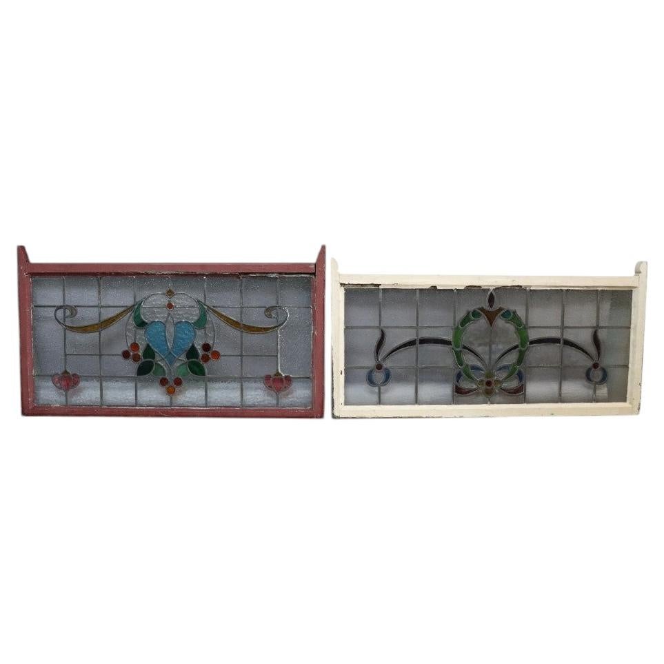 Pair Frank Lloyd Wright Style Arts & Crafts Leaded Stained Glass Windows c1920 For Sale