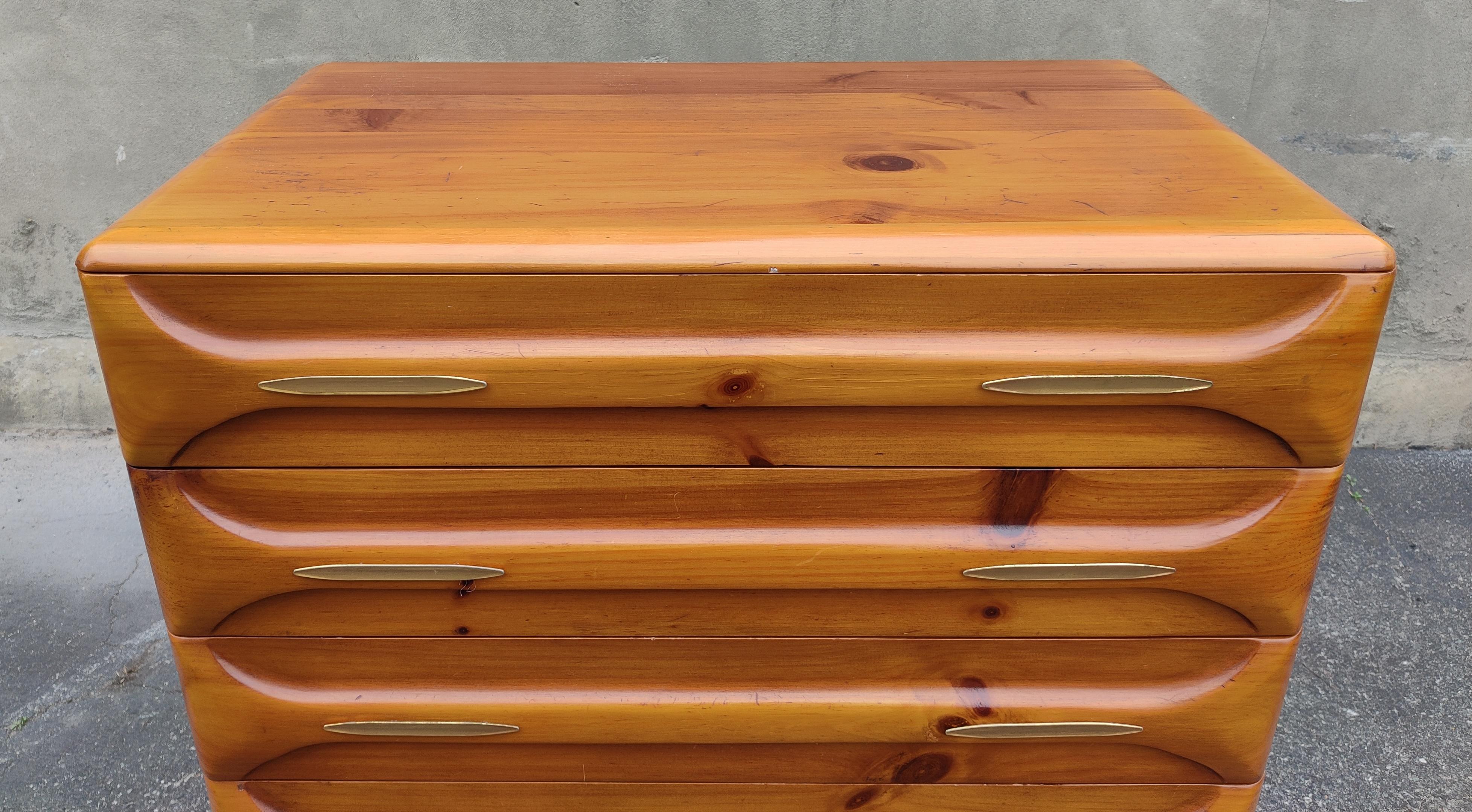 Brass Franklin Shockey Sculptured Pine 6 Drawer Tall Dresser Mid-Century Modern 1970s