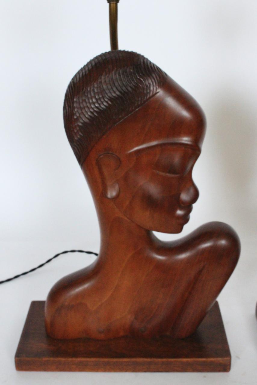 Pair of Franz Hagenauer African Negress Bust Mahogany Table Lamps, 1920s For Sale 3