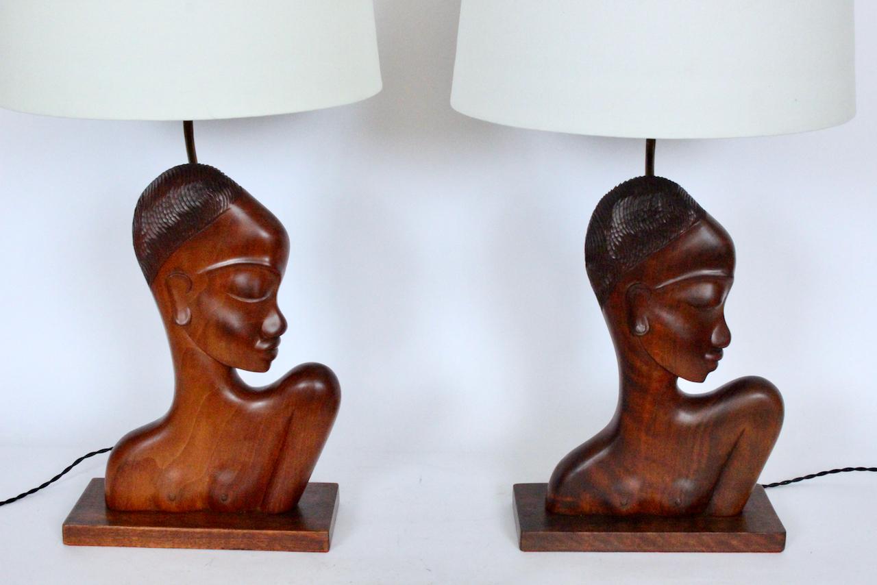 Art Deco Pair of Franz Hagenauer African Negress Bust Mahogany Table Lamps, 1920s For Sale