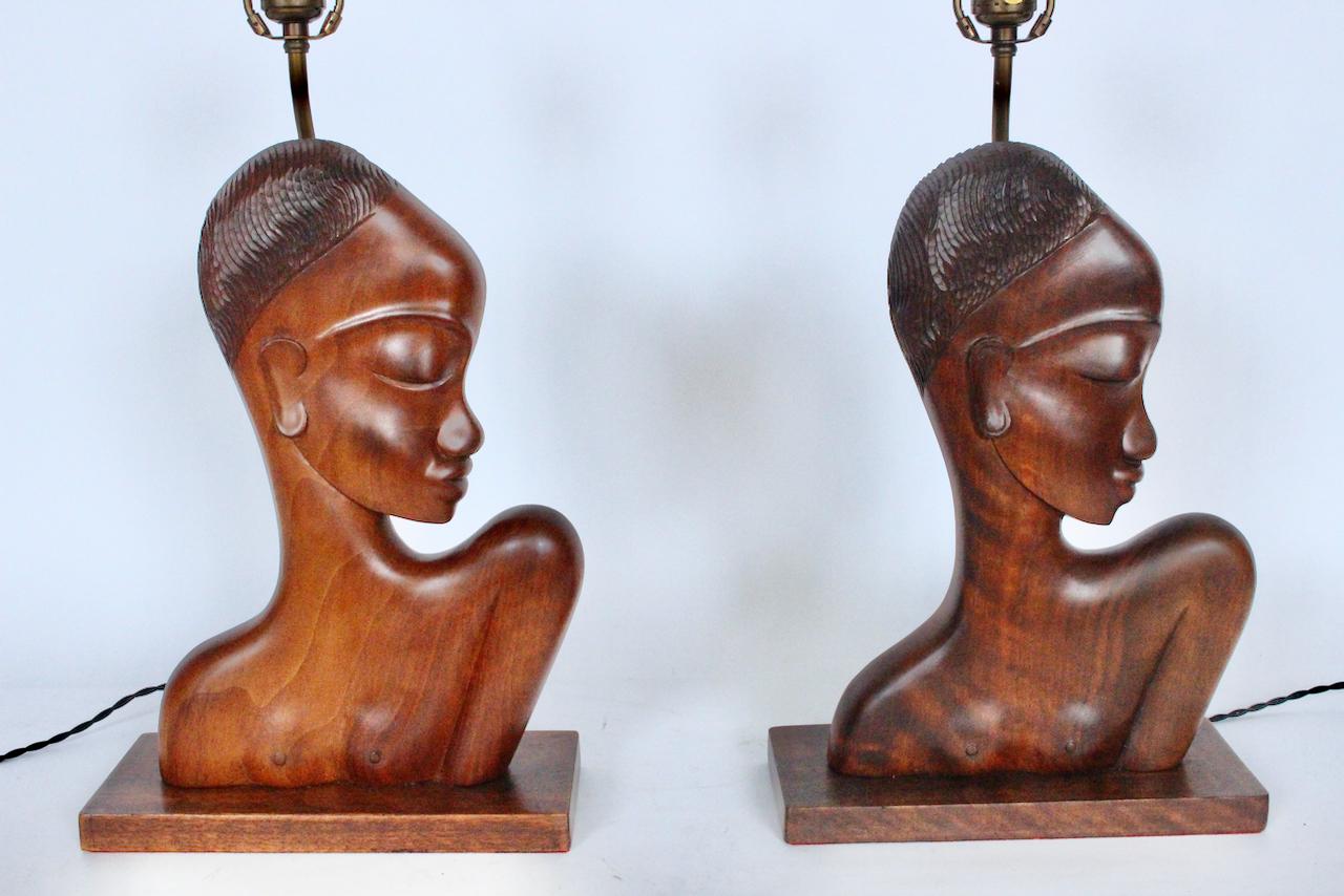 Pair of Franz Hagenauer African Negress Bust Mahogany Table Lamps, 1920s In Good Condition For Sale In Bainbridge, NY