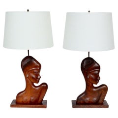 Pair of Franz Hagenauer African Negress Bust Mahogany Table Lamps, 1920s