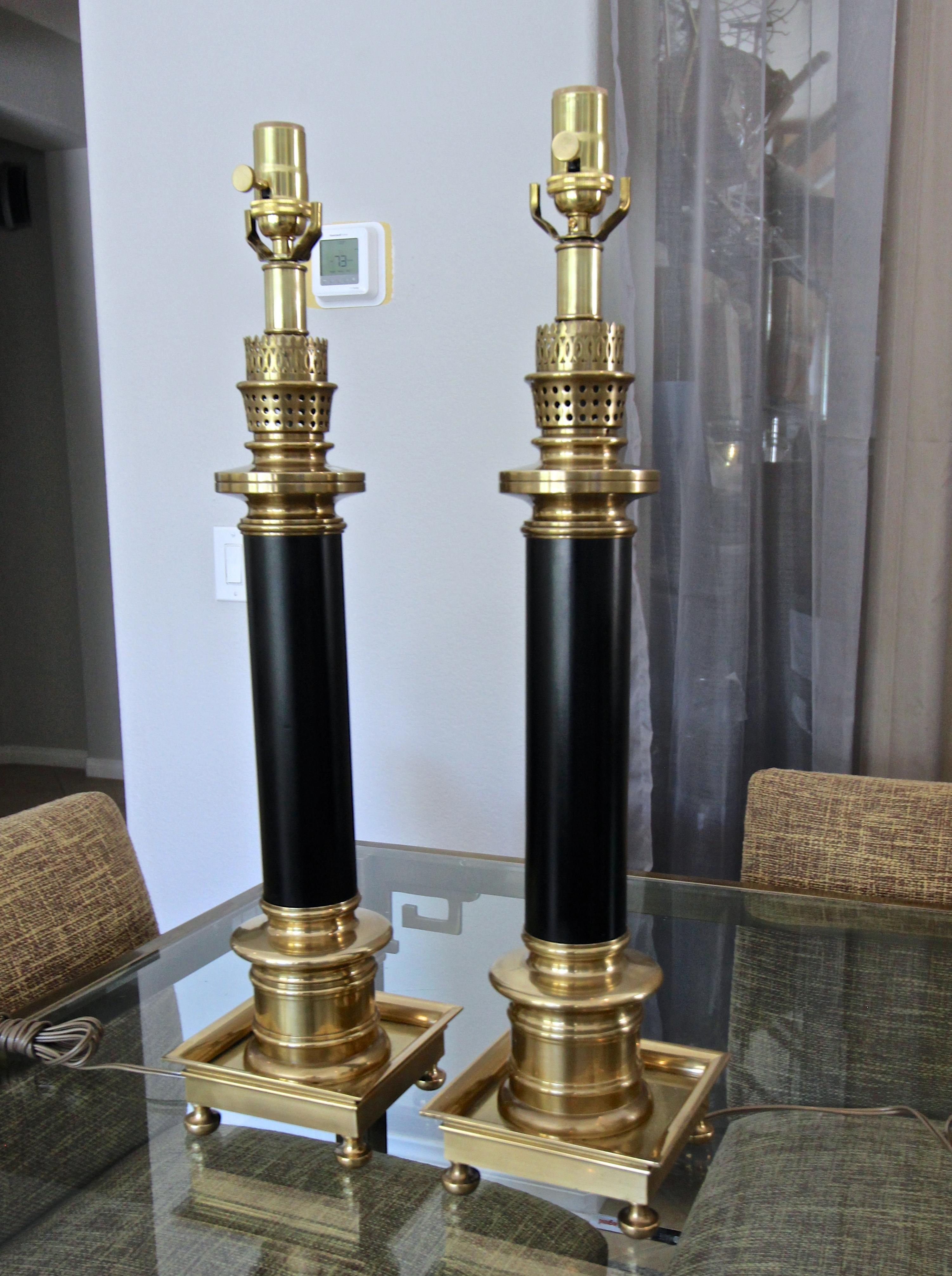 American Pair of Frederick Cooper Column Brass Table Lamps