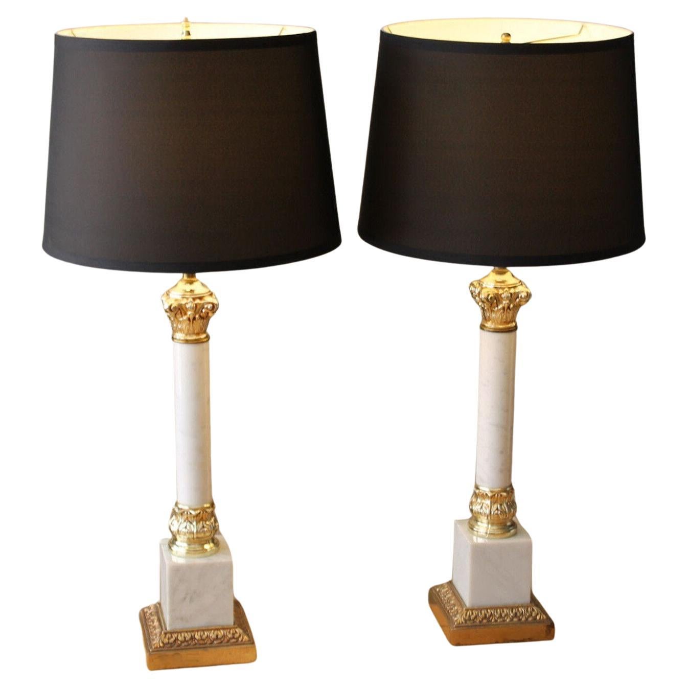 Paare! FREDERICK COOPER COLUMN MARBLE LAMPS Französisch Louis XVI Stil Weißgold im Angebot