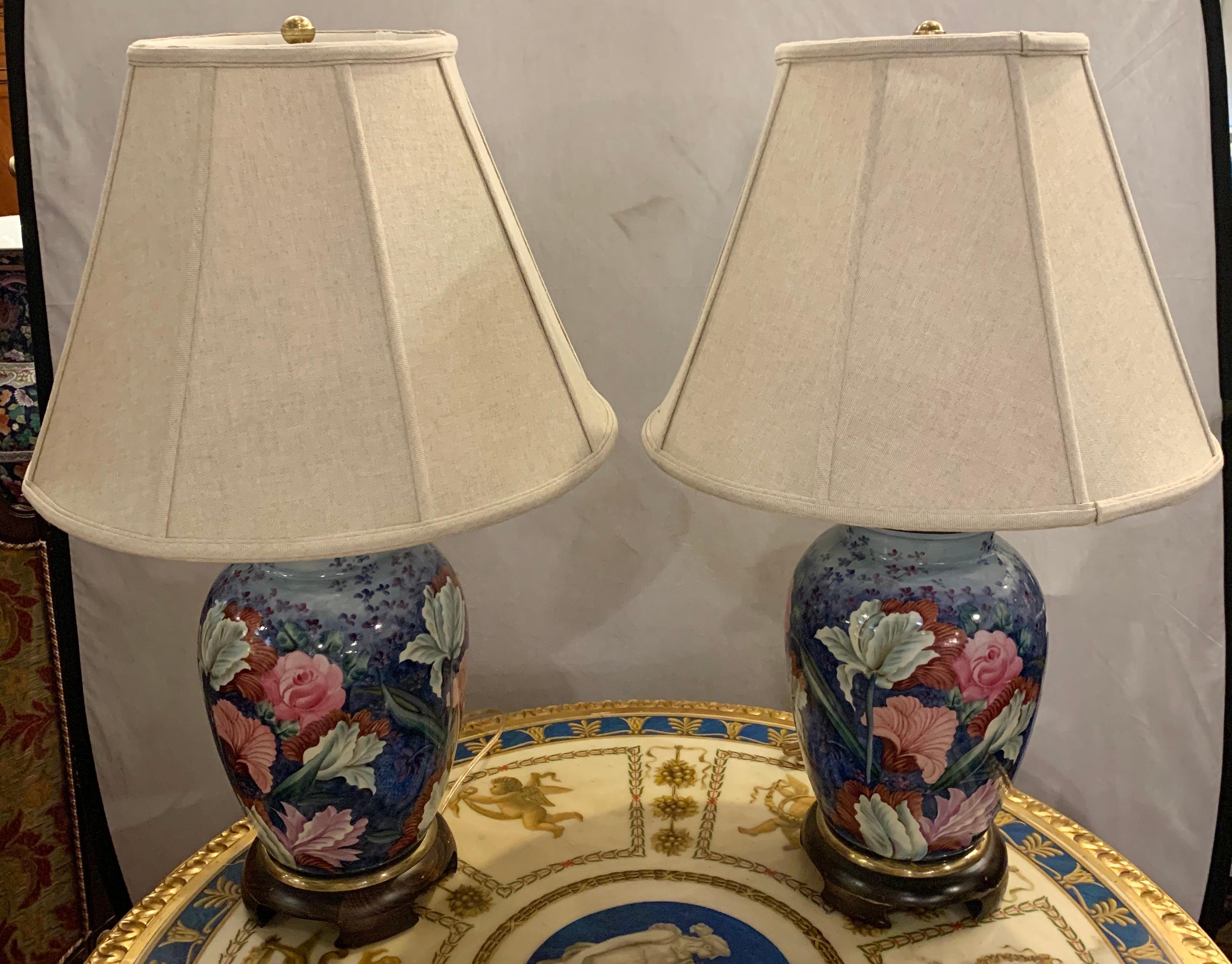 Pair of Frederick Cooper Signed Porcelain Floral Table Lamps with Shades 7