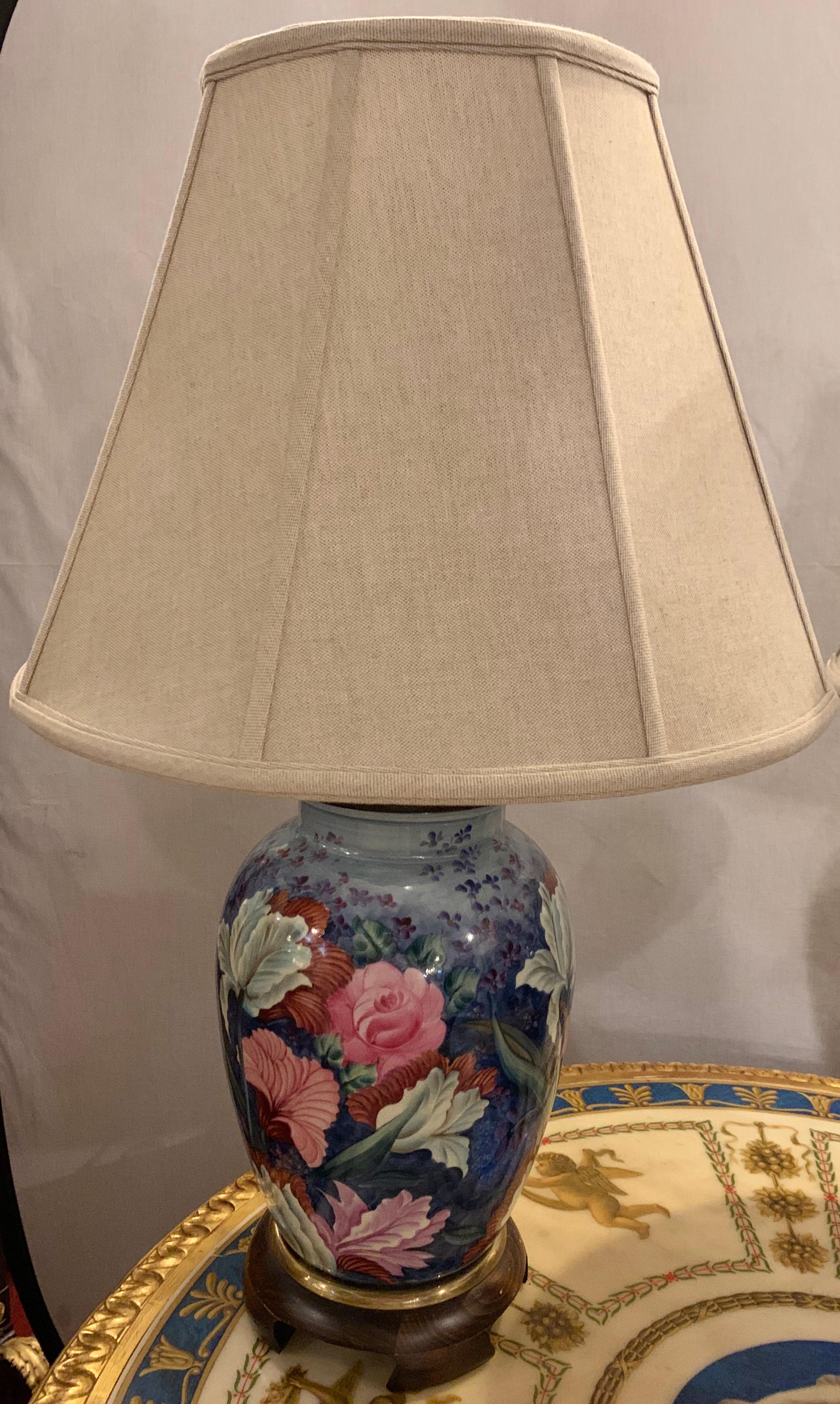 Pair of Frederick Cooper Signed Porcelain Floral Table Lamps with Shades 8