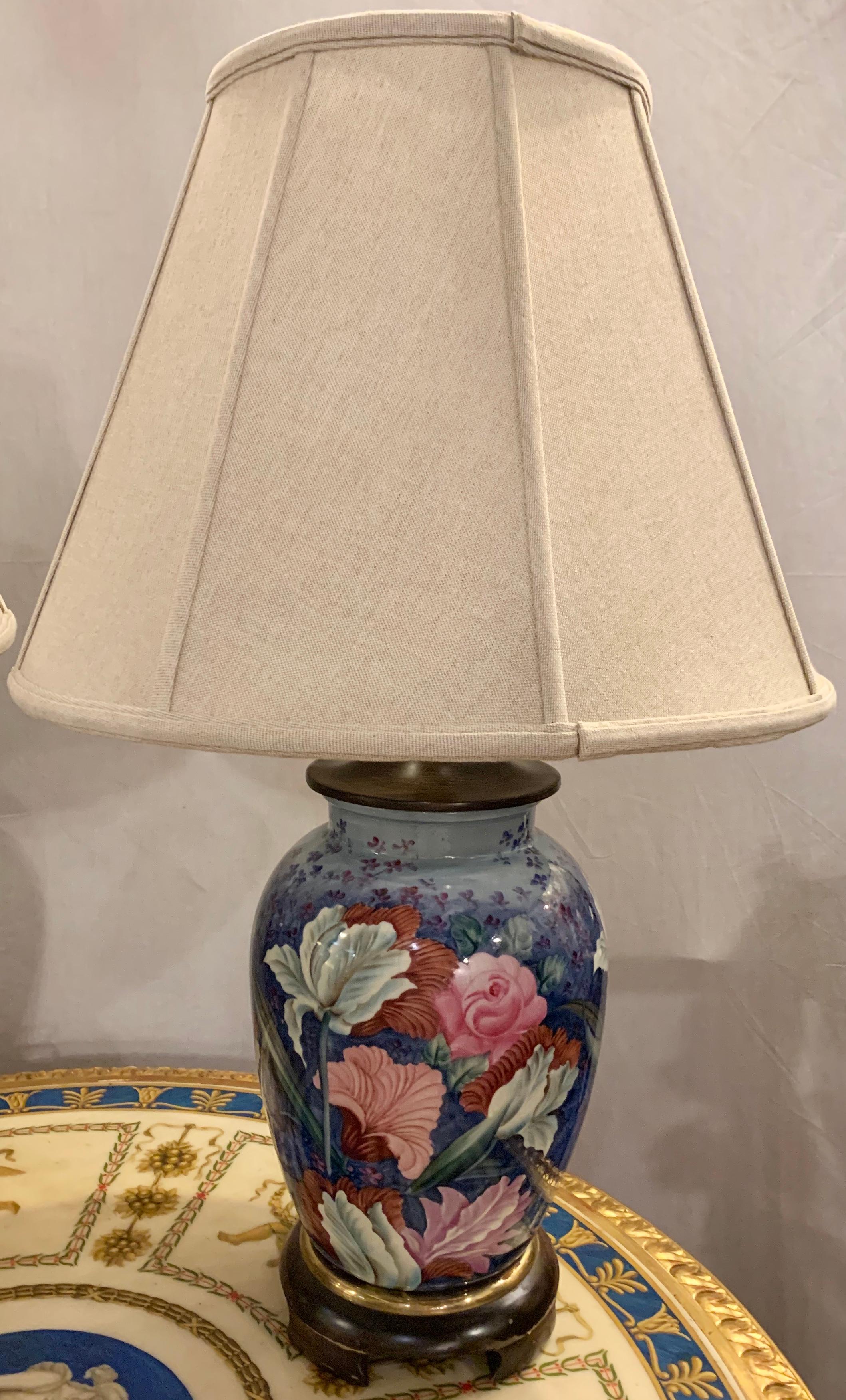 Pair of Frederick Cooper Signed Porcelain Floral Table Lamps with Shades 9