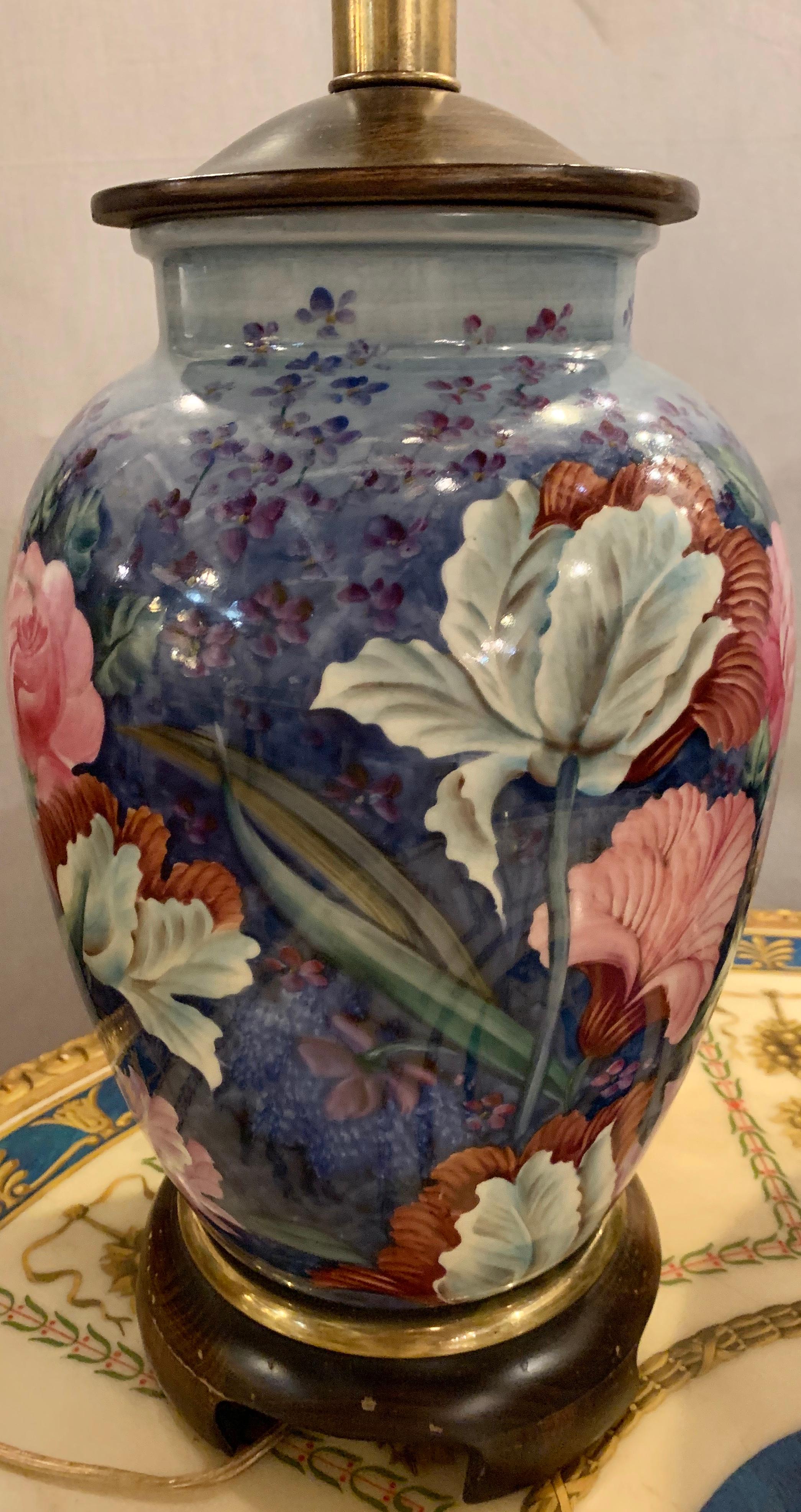 Pair of Frederick Cooper Signed Porcelain Floral Table Lamps with Shades In Good Condition In Stamford, CT