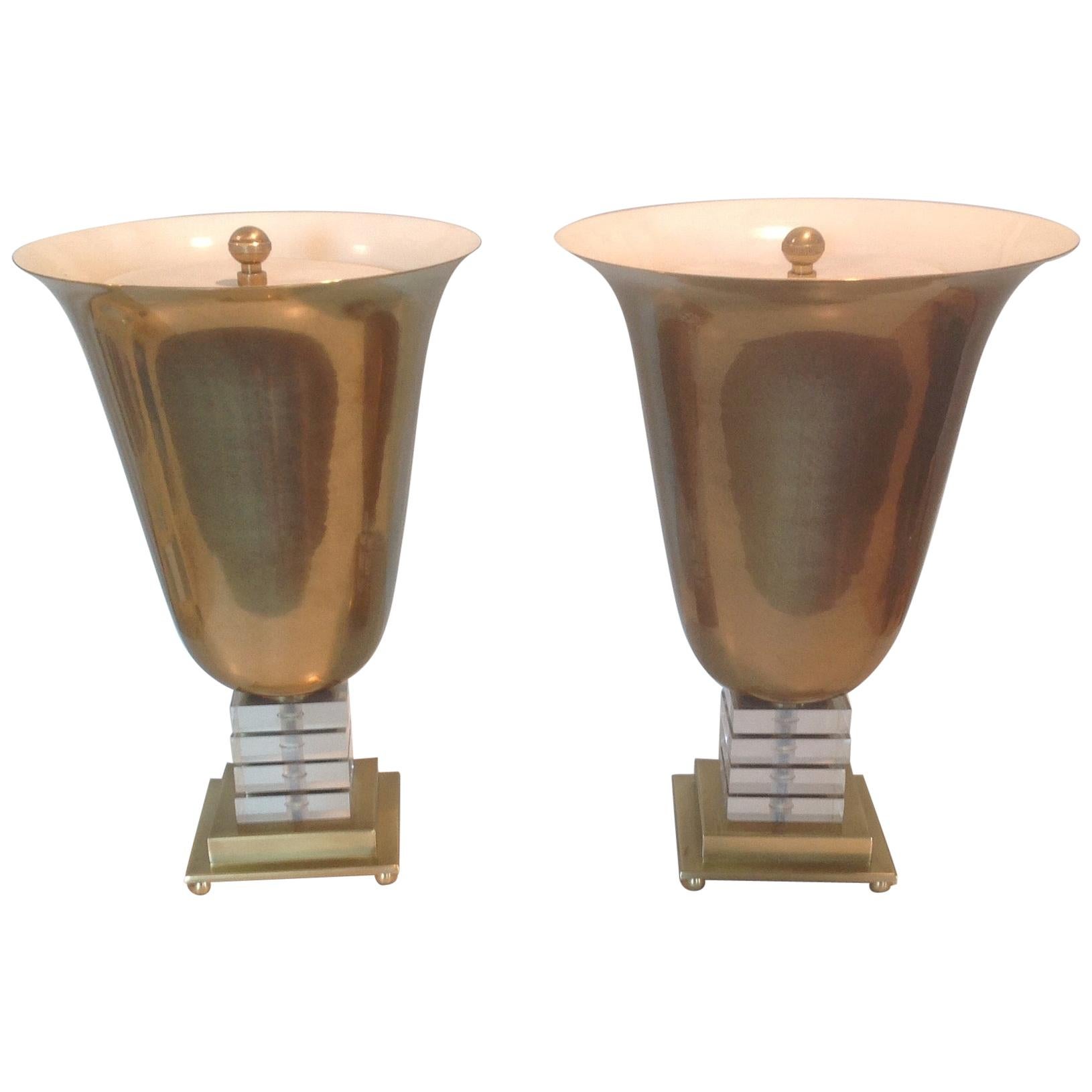 Pair of Frederick Cooper Signed Urn Form Lamps in Brass and Lucite For Sale
