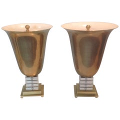 Pair of Frederick Cooper Signed Urn Form Lamps in Brass and Lucite