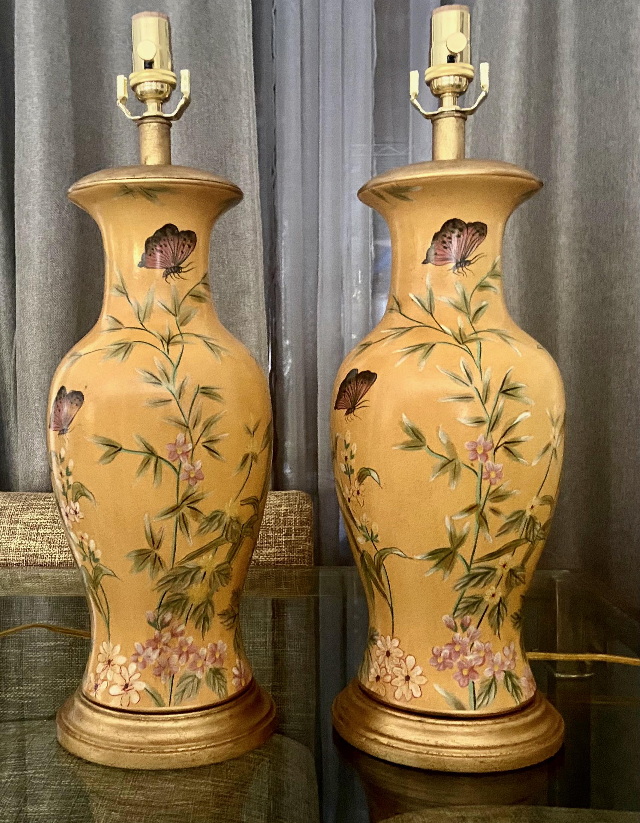 Pair Frederick Cooper Yellow Asian Style Ceramic Table Lamps 13