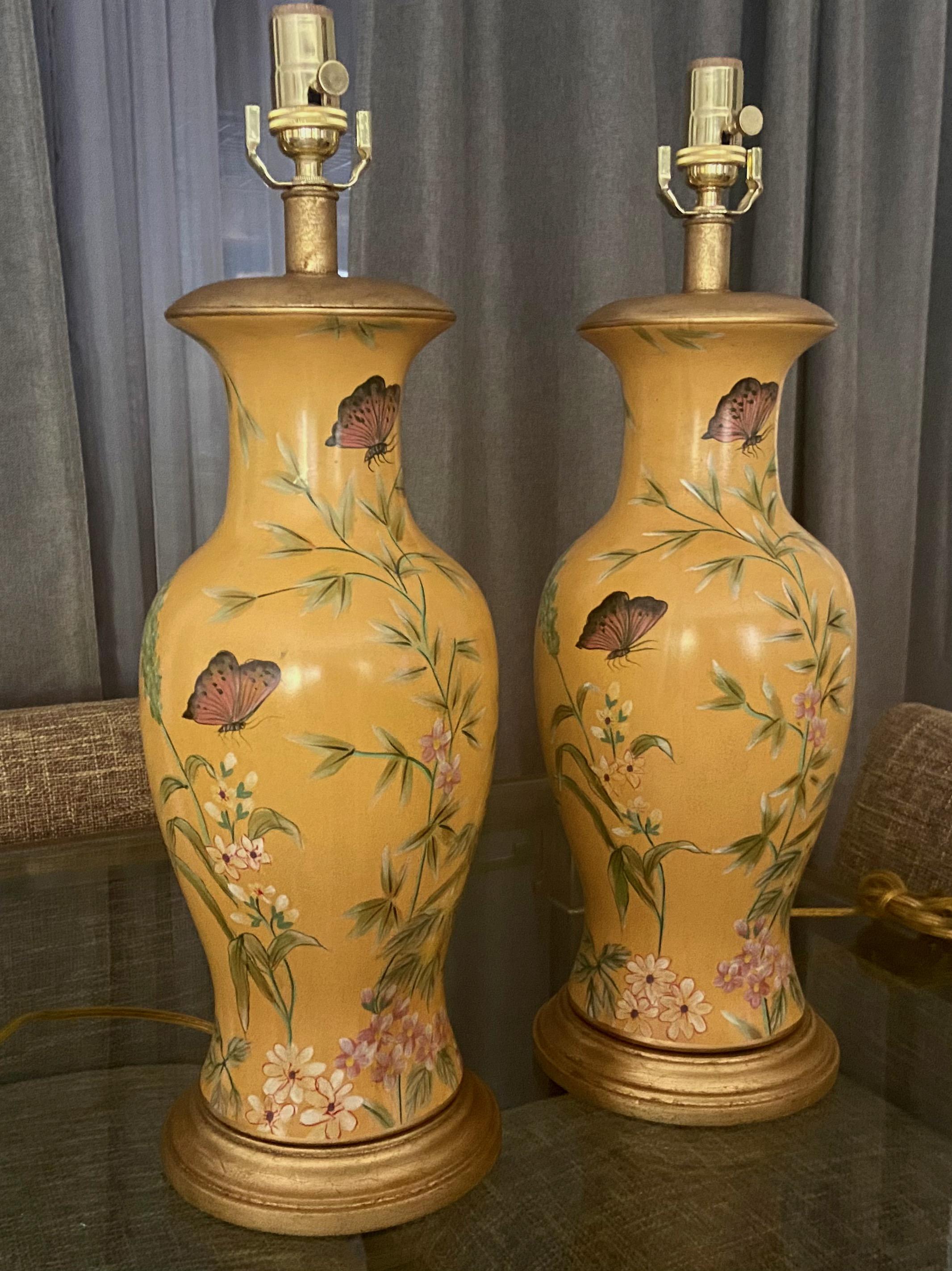 American Pair Frederick Cooper Yellow Asian Style Ceramic Table Lamps