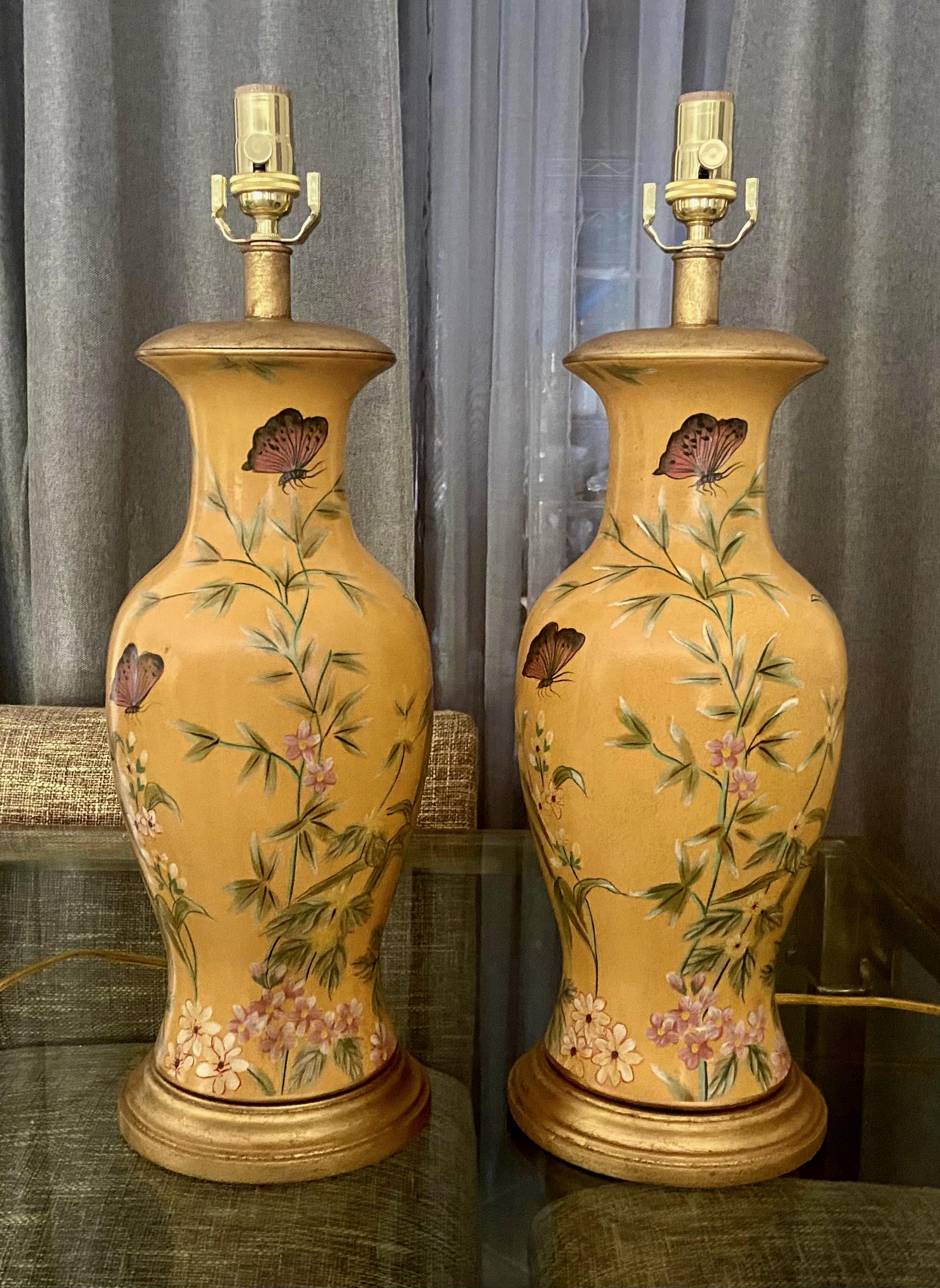 Pair Frederick Cooper Yellow Asian Style Ceramic Table Lamps In Good Condition In Palm Springs, CA