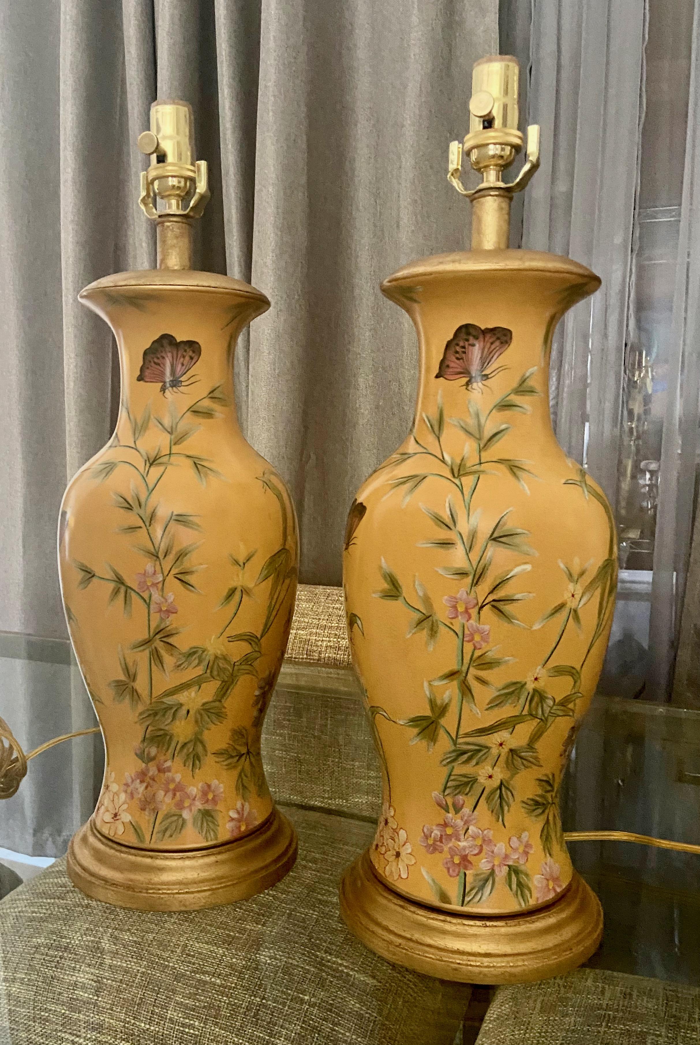20th Century Pair Frederick Cooper Yellow Asian Style Ceramic Table Lamps