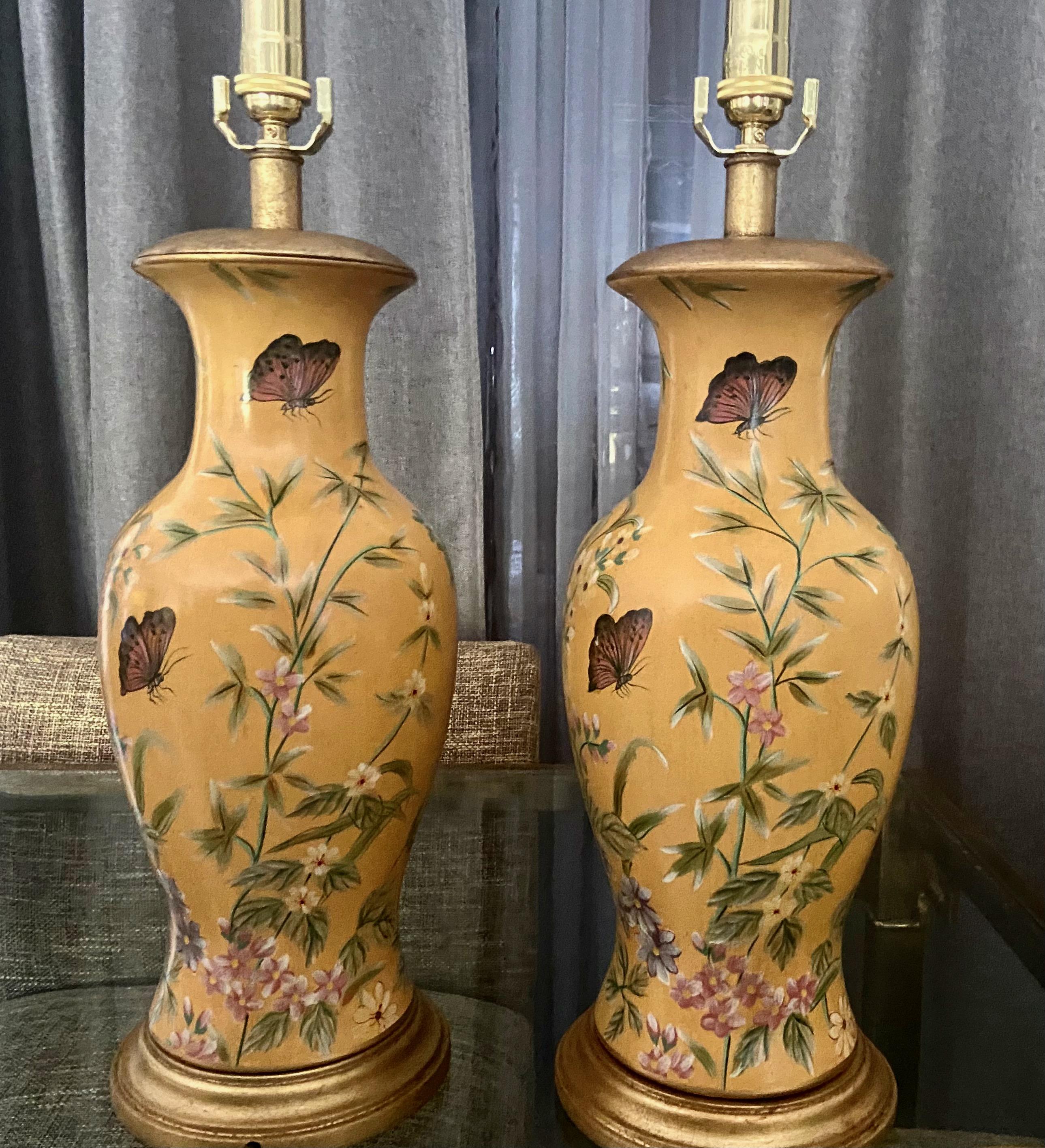 Pair Frederick Cooper Yellow Asian Style Ceramic Table Lamps 1